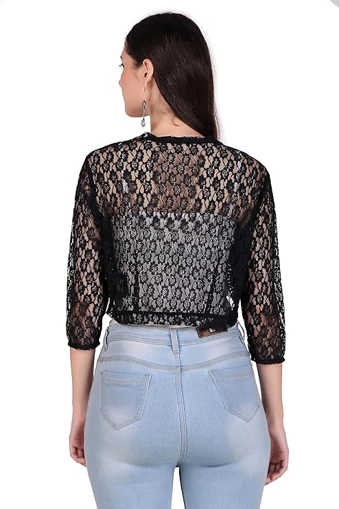 BoheeWohee Women's Floral Lace Short Sleeve Shrug- Black