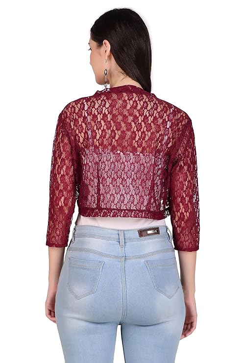 BoheeWohee Women's Floral Lace Short Sleeve Shrug- Aubergine