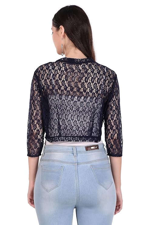 BoheeWohee Women's Floral Lace Short Sleeve Shrug- Navy