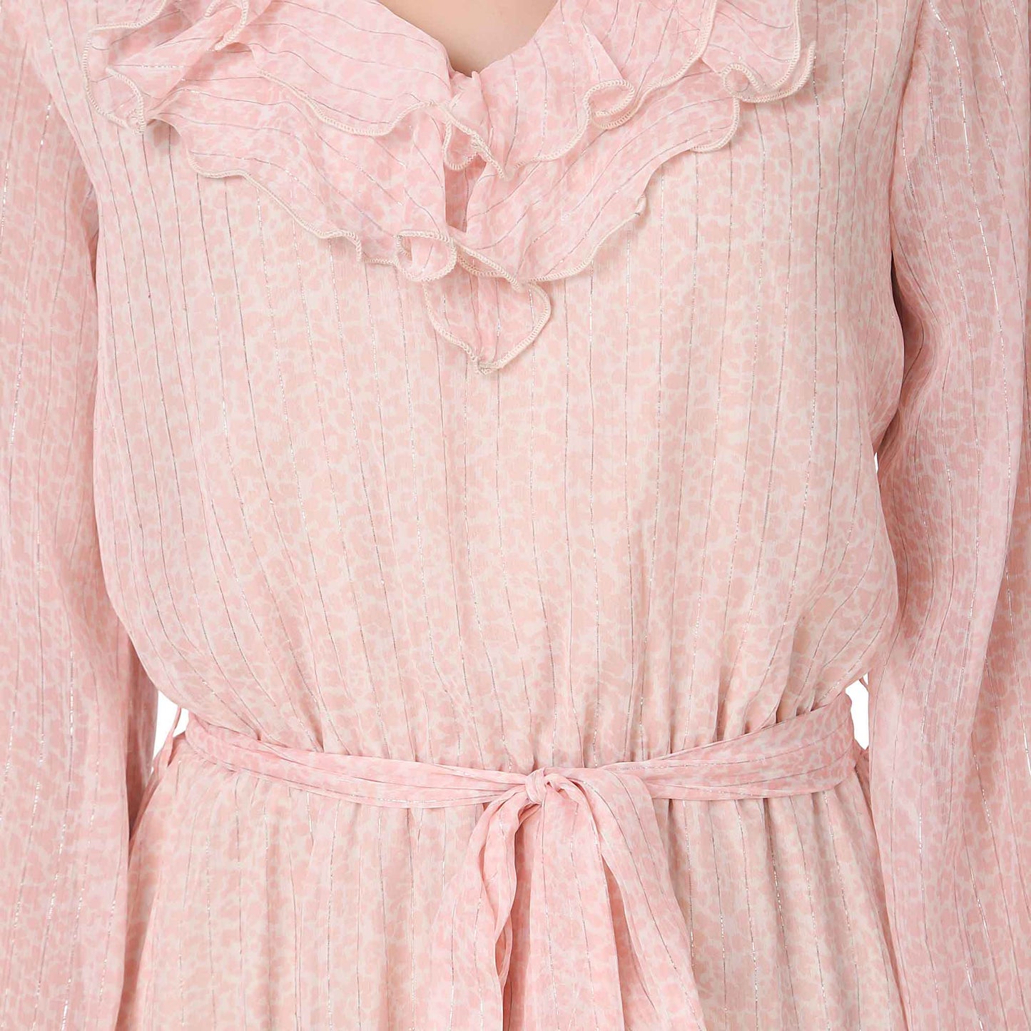 BoheeWohee Women Midi Full Sleeves Printed Ruffle Neck Chiffon Dress