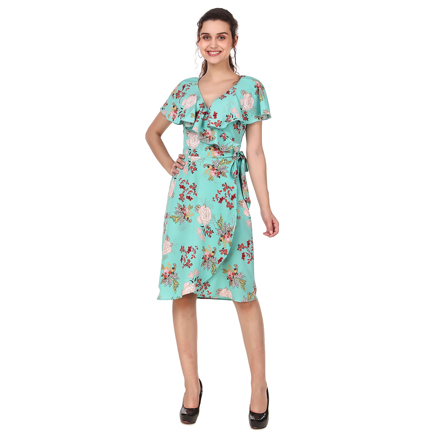 BoheeWohee Women's Viscose Wrap-Around Dress- Green Floral