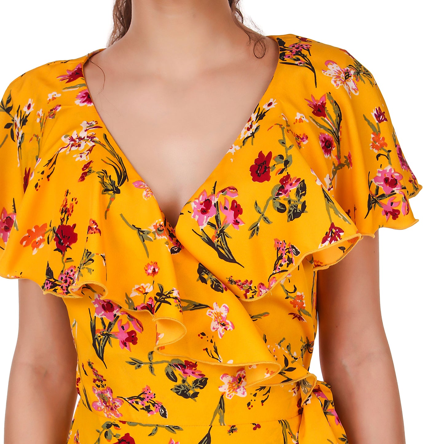 BoheeWohee Women's Viscose Wrap-Around Dress- Yellow Floral