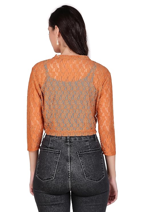 BoheeWohee Women's Floral Lace Short Sleeve Shrug- Orange