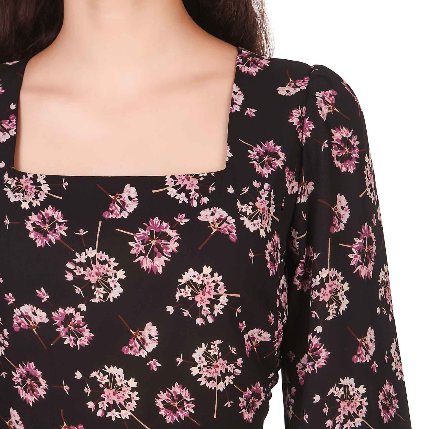 BoheeWohee Women's Mid-thigh Dress with Shirring Elastic Bottom Frill- Black Floral