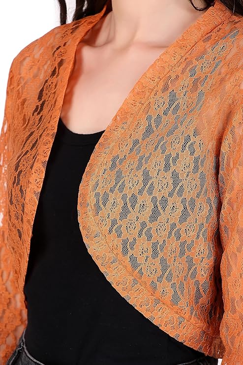 BoheeWohee Women's Floral Lace Short Sleeve Shrug- Orange