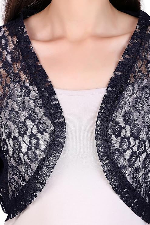 BoheeWohee Women's Floral Lace Short Sleeve Shrug- Navy