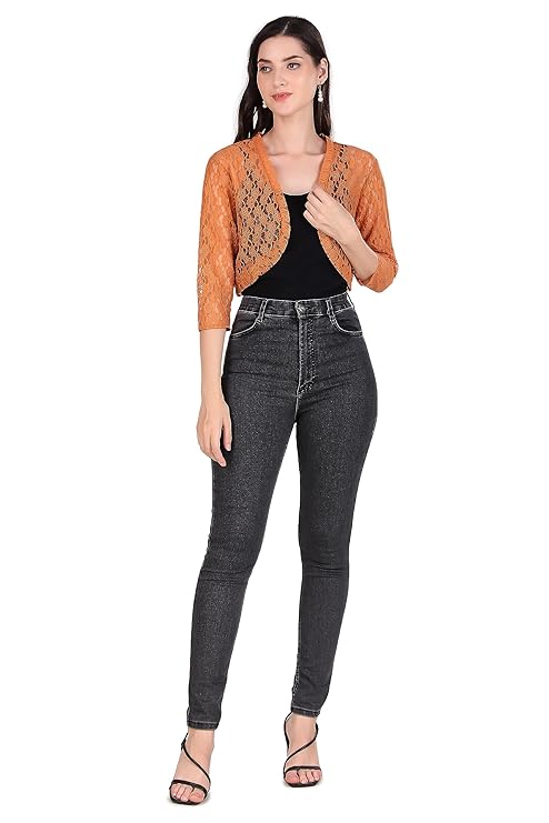 BoheeWohee Women's Floral Lace Short Sleeve Shrug- Orange