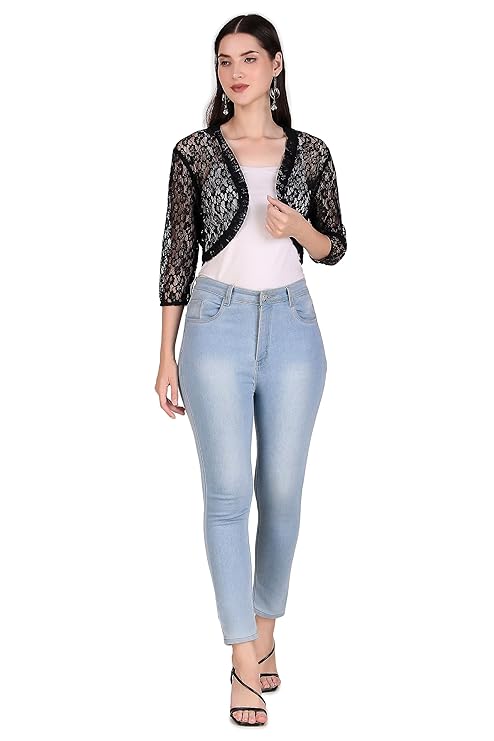 BoheeWohee Women's Floral Lace Short Sleeve Shrug- Black