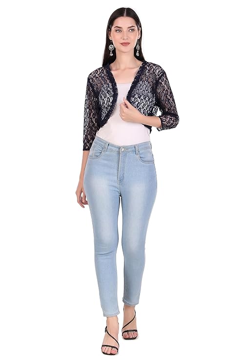 BoheeWohee Women's Floral Lace Short Sleeve Shrug- Navy
