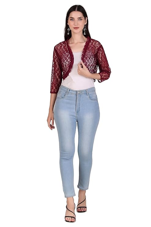 BoheeWohee Women's Floral Lace Short Sleeve Shrug- Aubergine