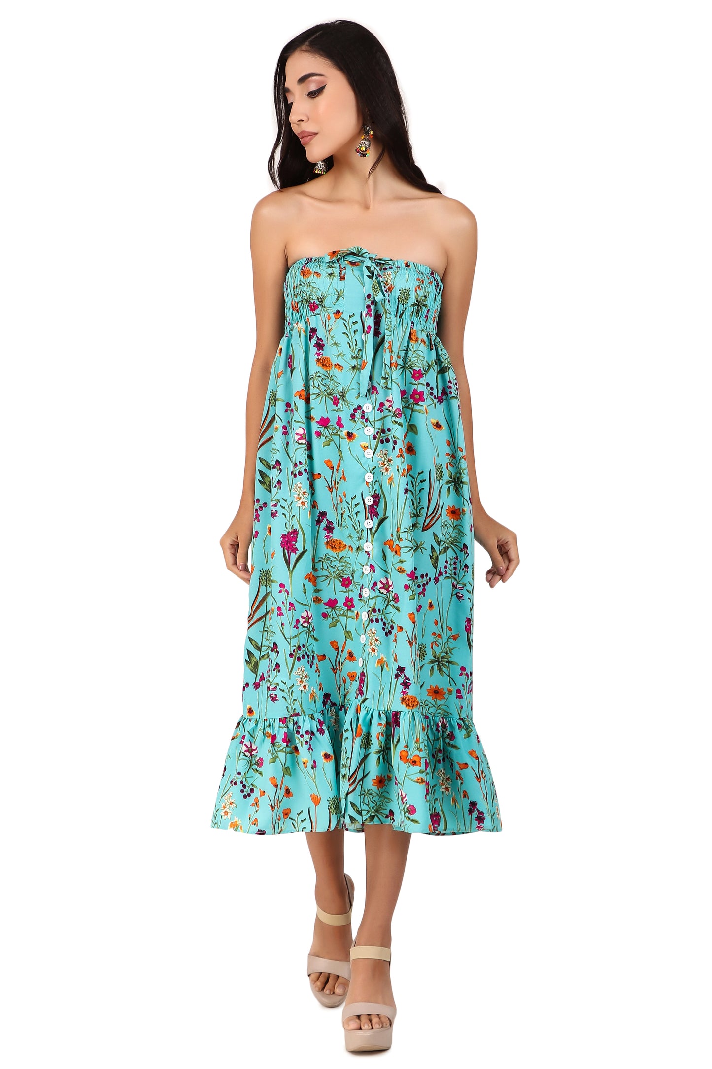 BoheeWohee Casual Women's Off-Shoulder Dress & Floral Maxi Skirt | Stylish, Comfortable, Elastic Waist Design- Blizzard Blue