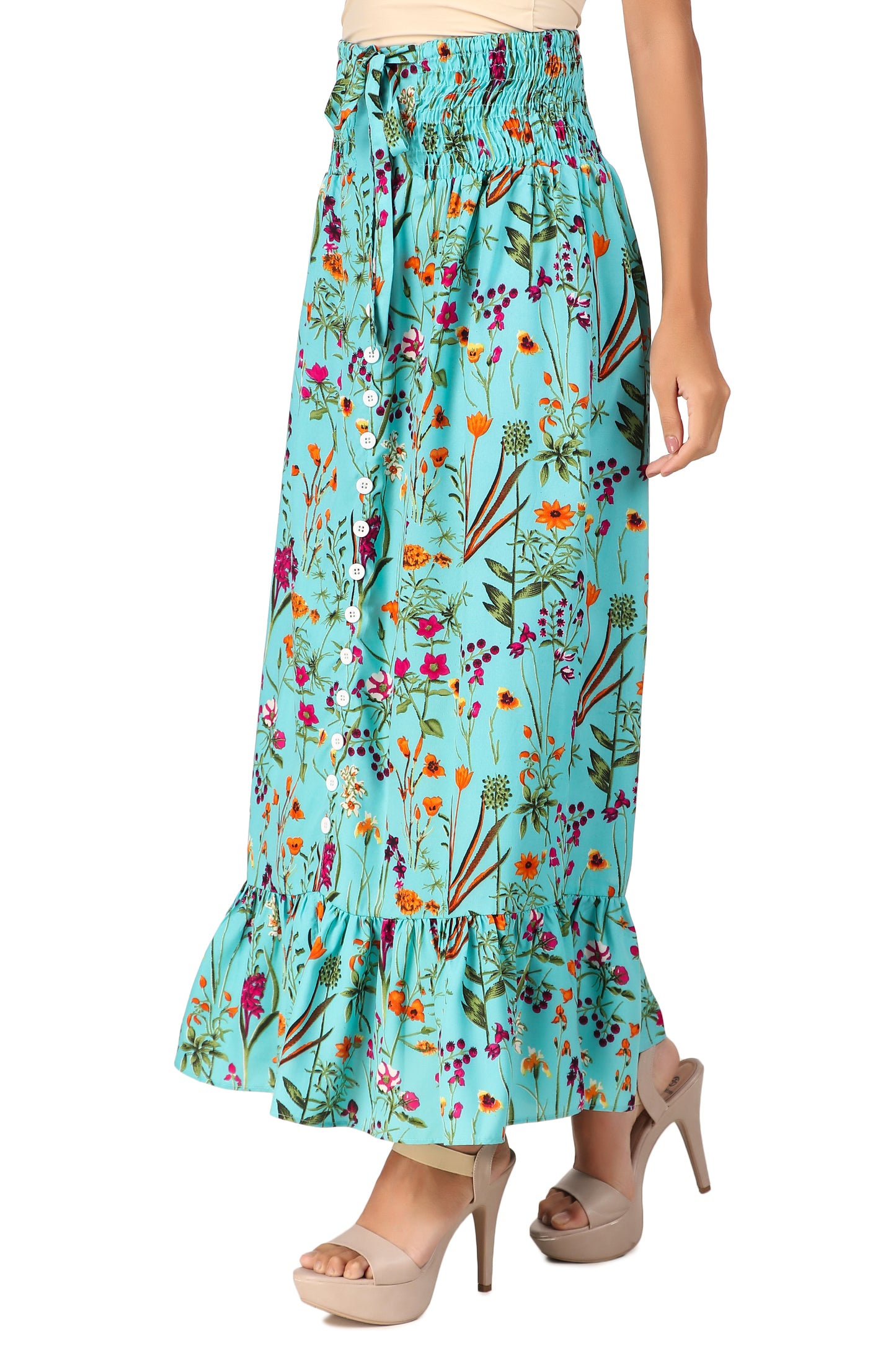 BoheeWohee Casual Women's Off-Shoulder Dress & Floral Maxi Skirt | Stylish, Comfortable, Elastic Waist Design- Blizzard Blue