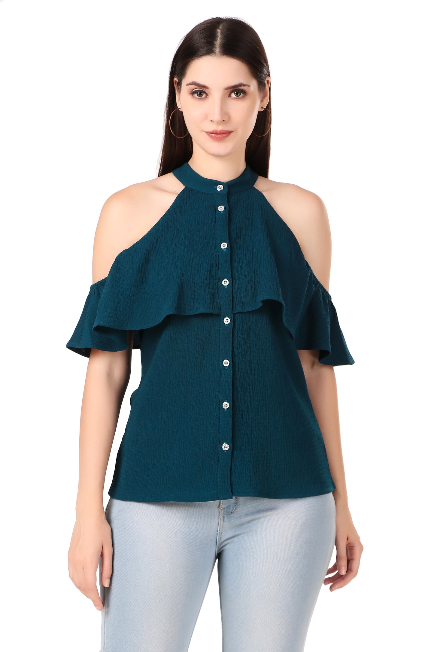 BoheeWohee Cold Shoulder Ruffle Casual Top- Deep Koamaru