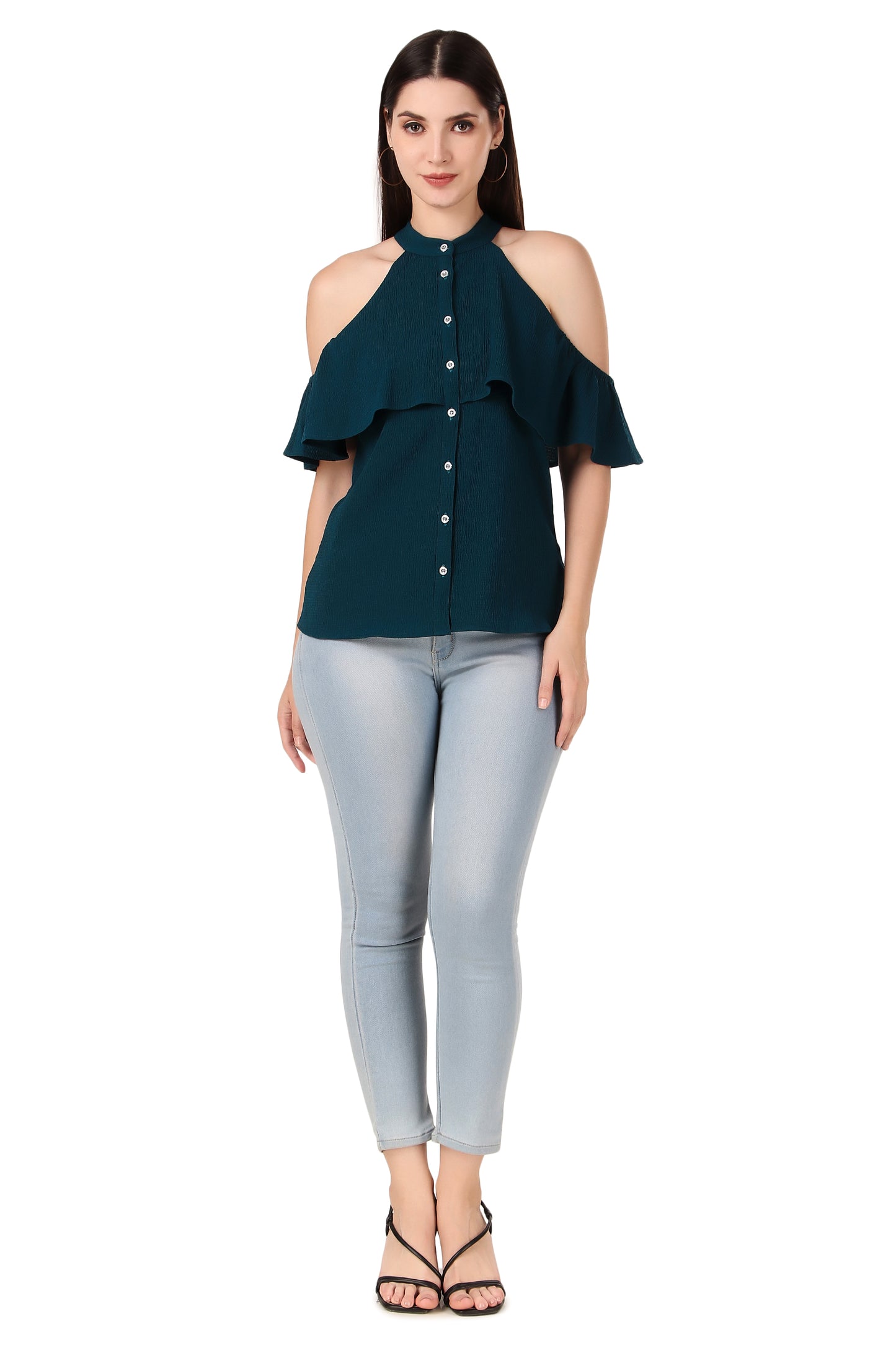 BoheeWohee Cold Shoulder Ruffle Casual Top- Deep Koamaru