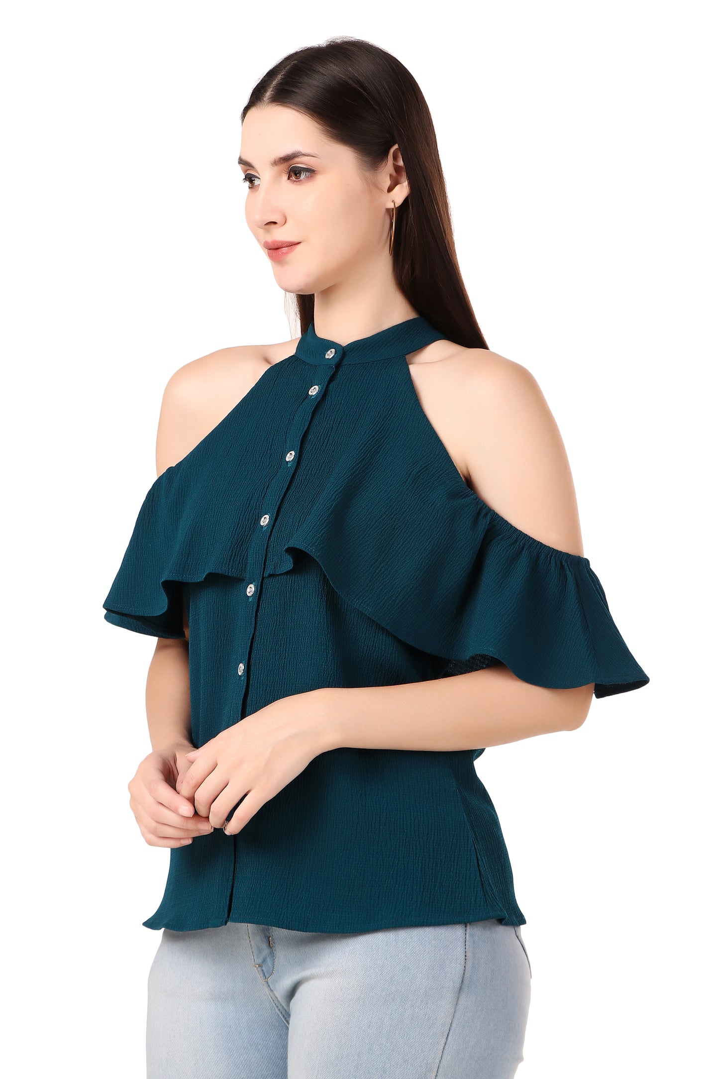 BoheeWohee Cold Shoulder Ruffle Casual Top- Deep Koamaru