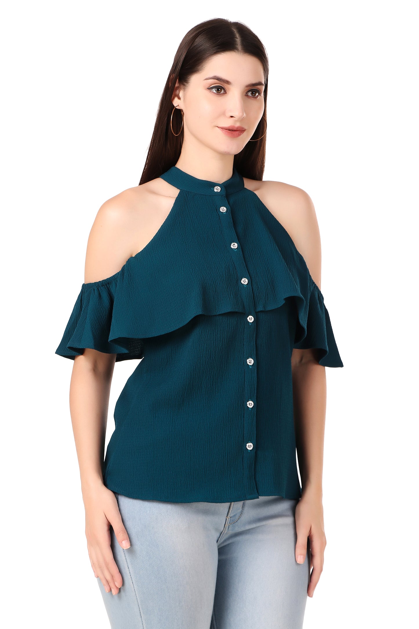 BoheeWohee Cold Shoulder Ruffle Casual Top- Deep Koamaru