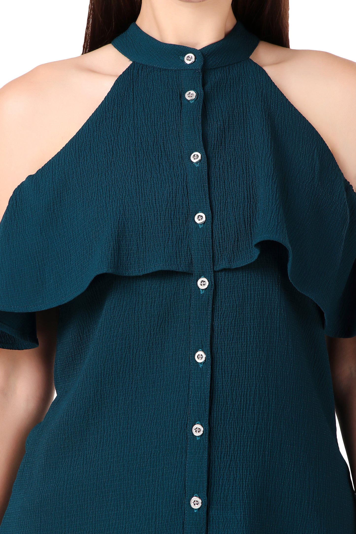 BoheeWohee Cold Shoulder Ruffle Casual Top- Deep Koamaru