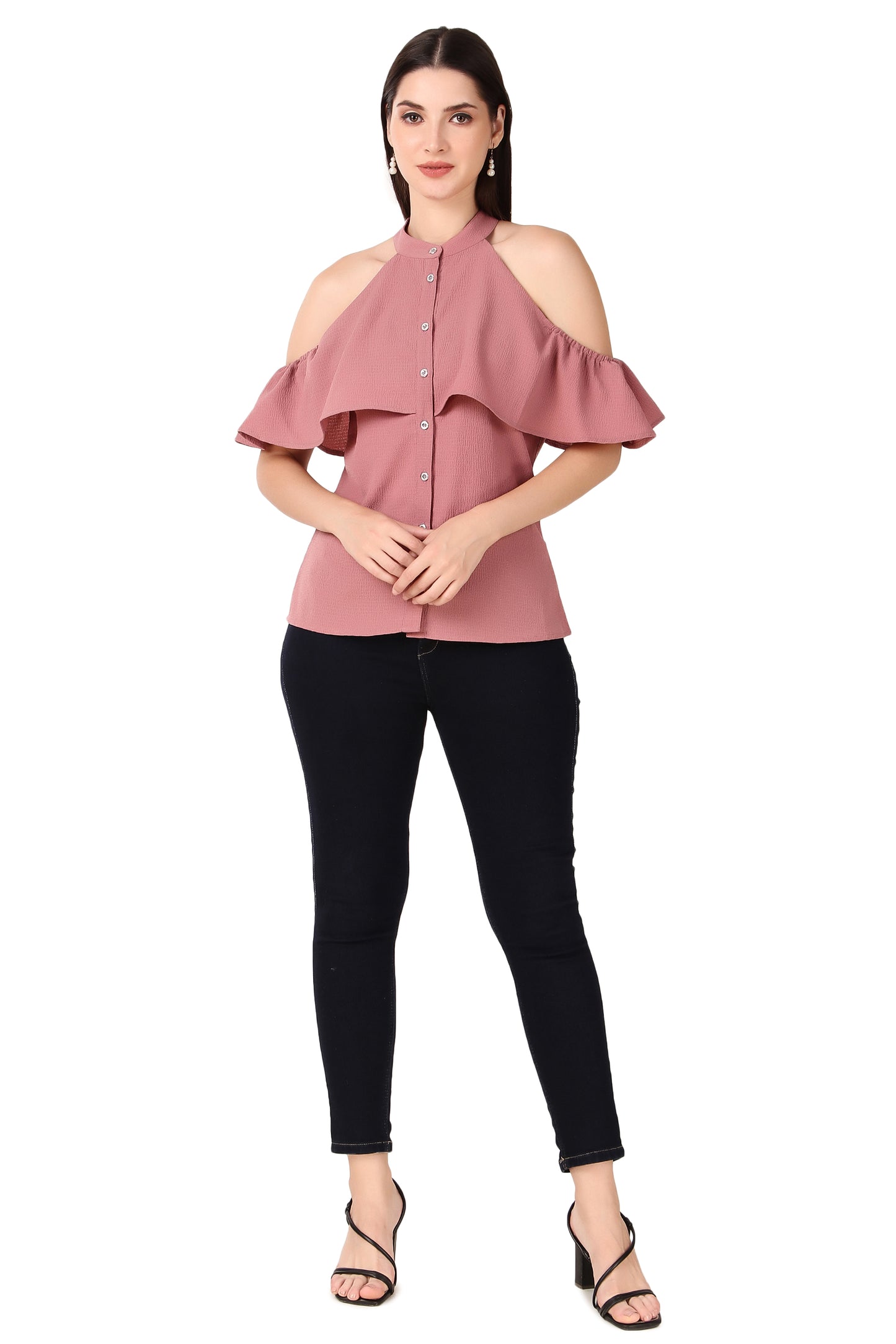 BoheeWohee Cold Shoulder Ruffle Casual Top- Spice Jar