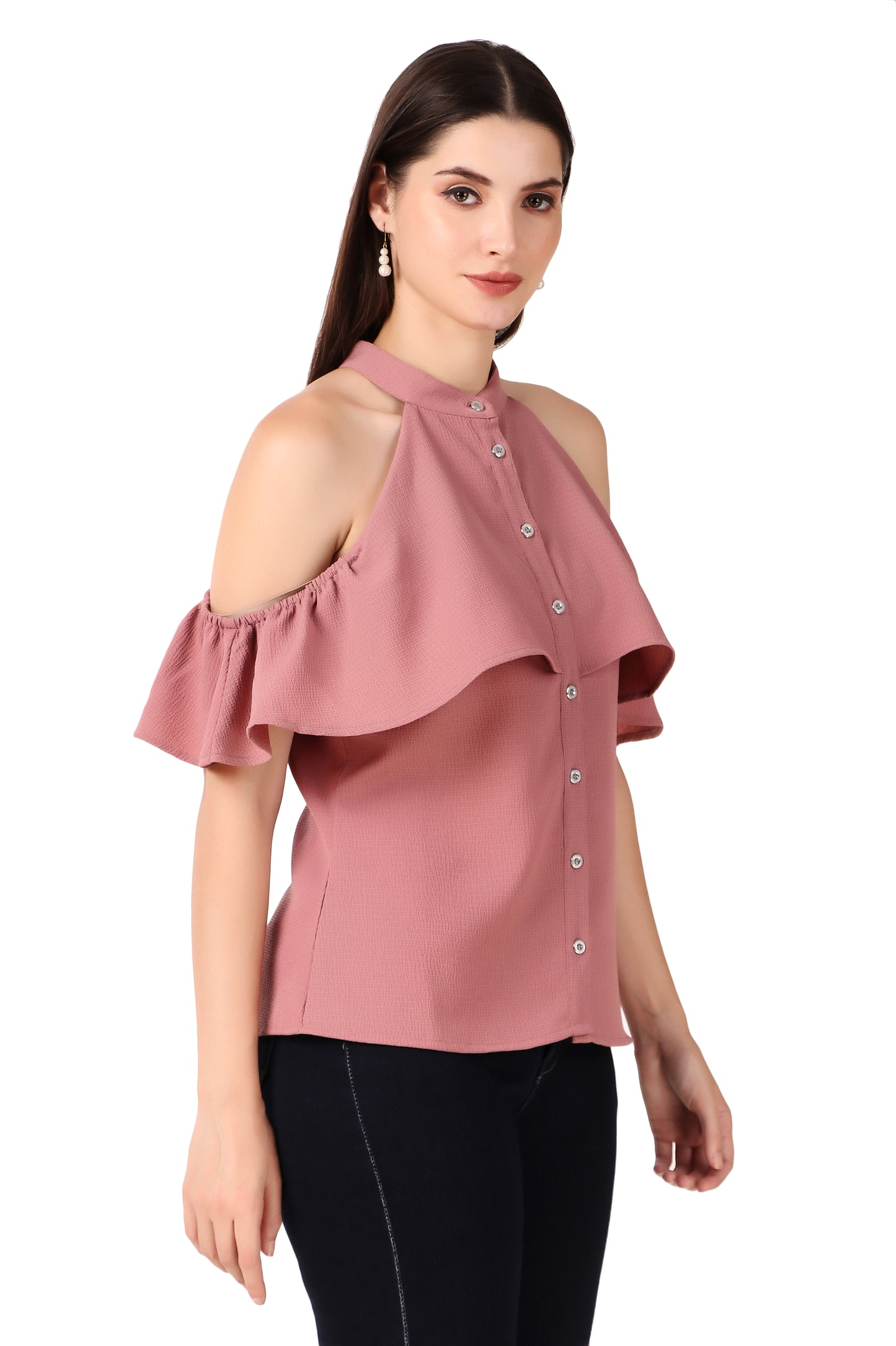 BoheeWohee Cold Shoulder Ruffle Casual Top- Spice Jar