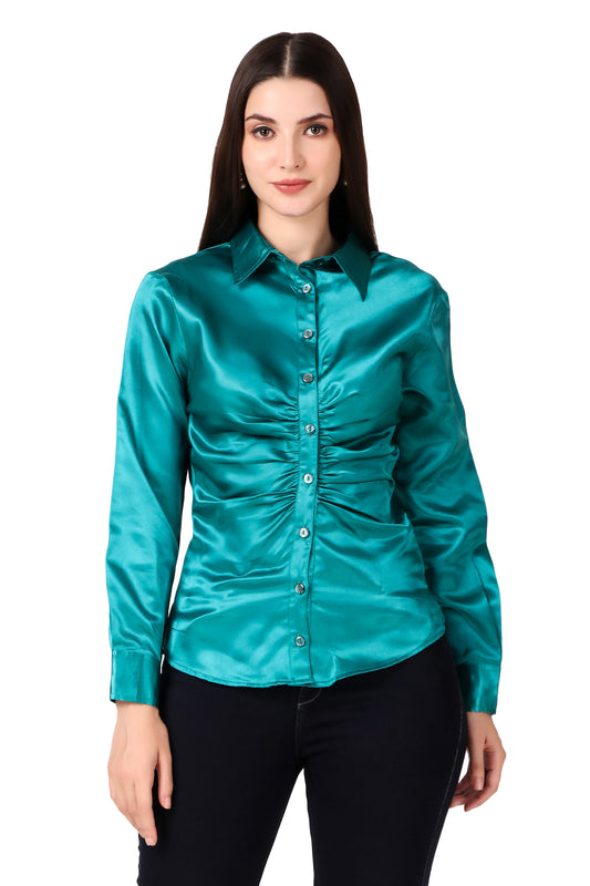 BoheeWohee Solid Women Casual Satin Gathered Shirt- Dark Cyan