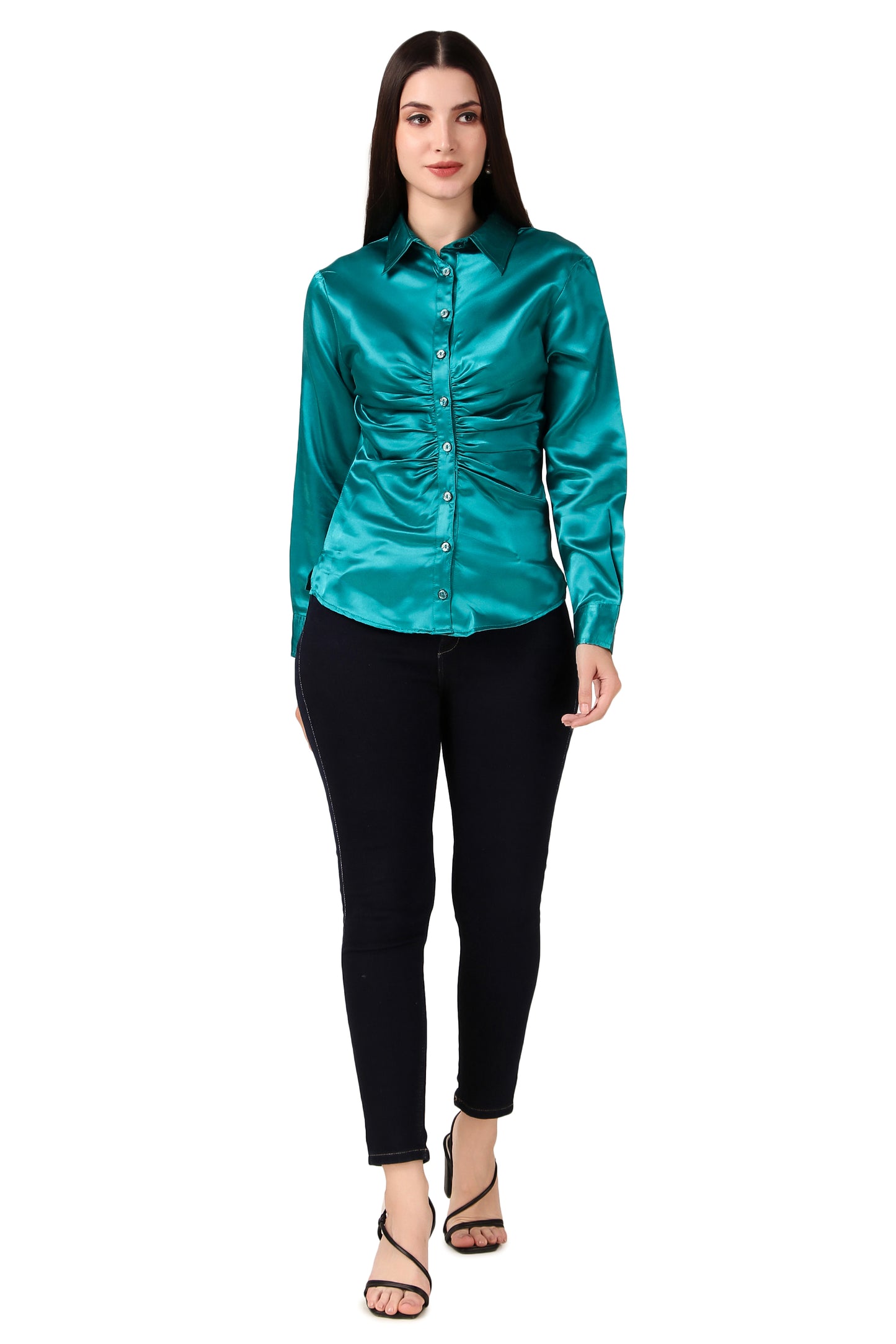 BoheeWohee Solid Women Casual Satin Gathered Shirt- Dark Cyan