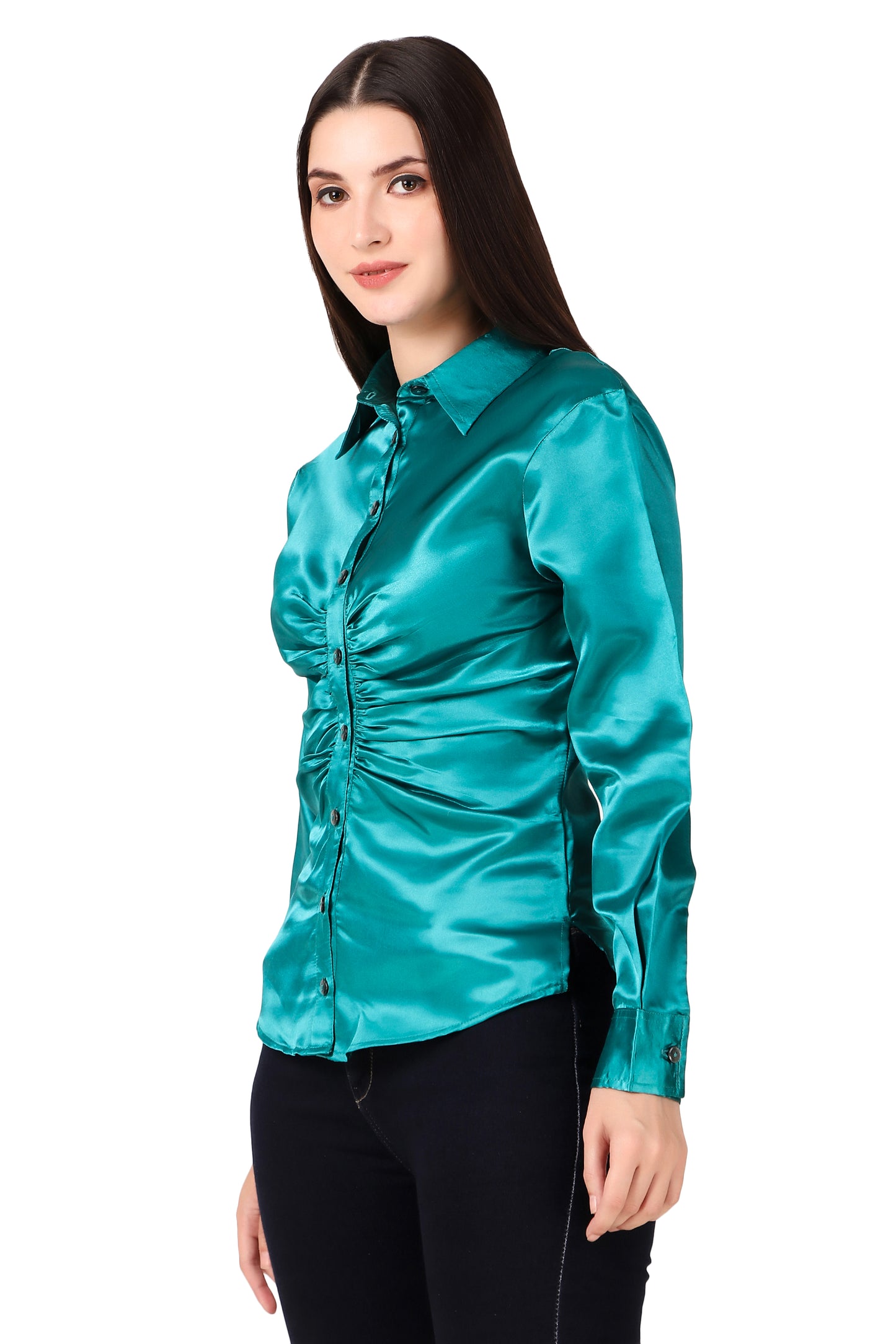 BoheeWohee Solid Women Casual Satin Gathered Shirt- Dark Cyan