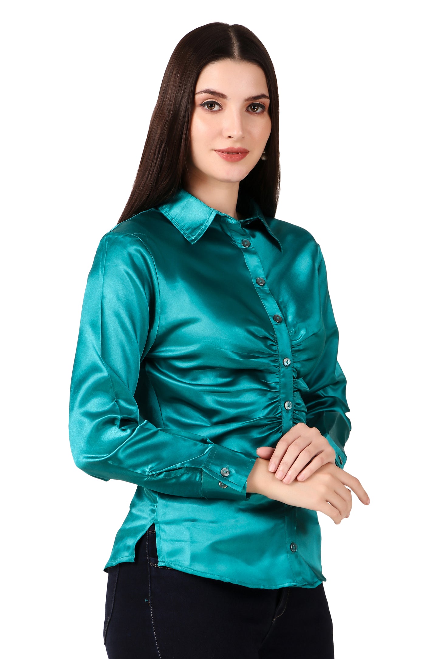 BoheeWohee Solid Women Casual Satin Gathered Shirt- Dark Cyan