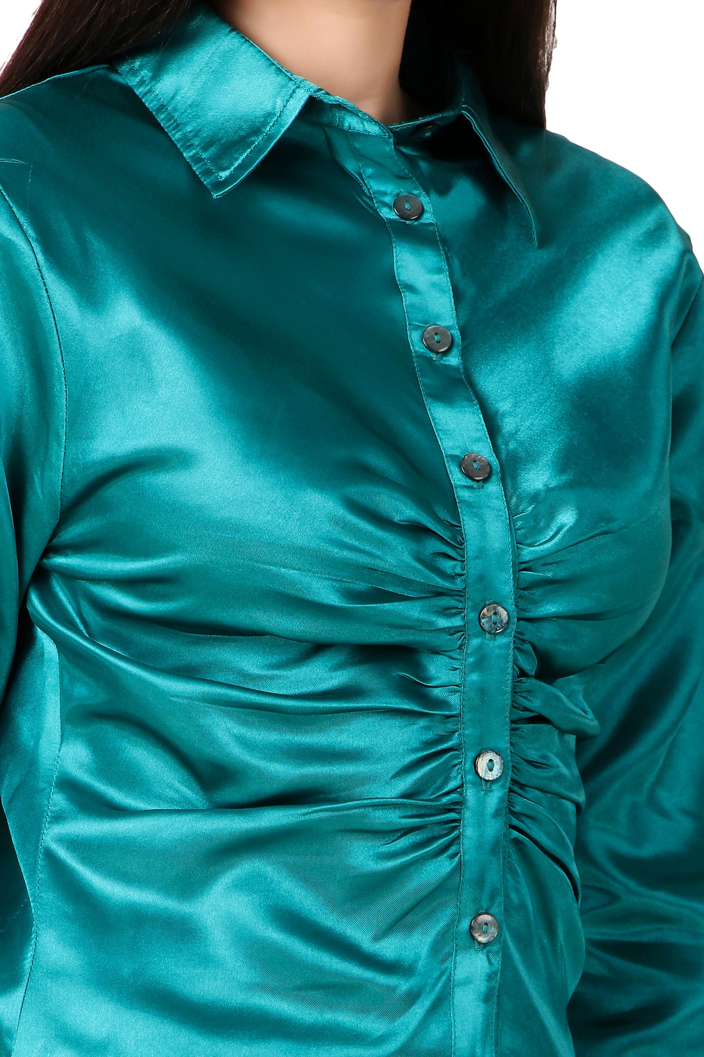 BoheeWohee Solid Women Casual Satin Gathered Shirt- Dark Cyan