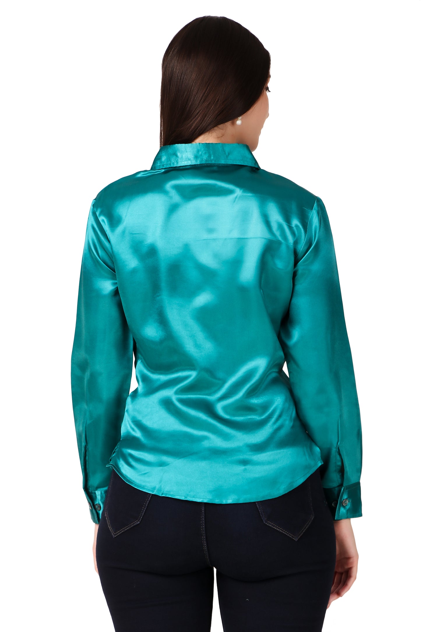 BoheeWohee Solid Women Casual Satin Gathered Shirt- Dark Cyan