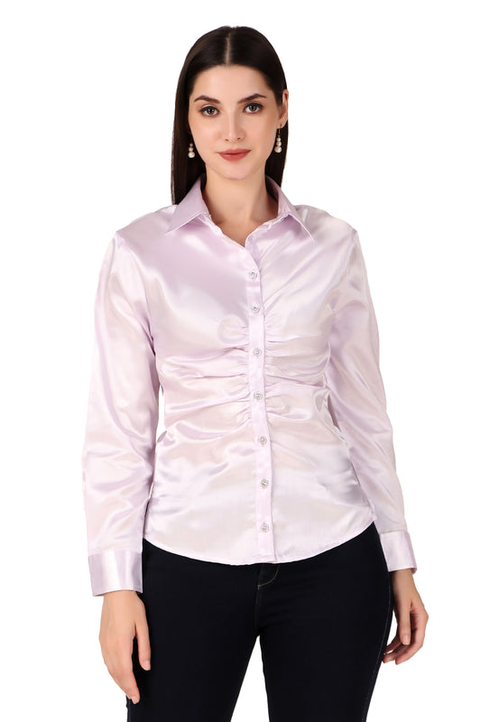 BoheeWohee Solid Women Casual Satin Gathered Shirt- Light Grey