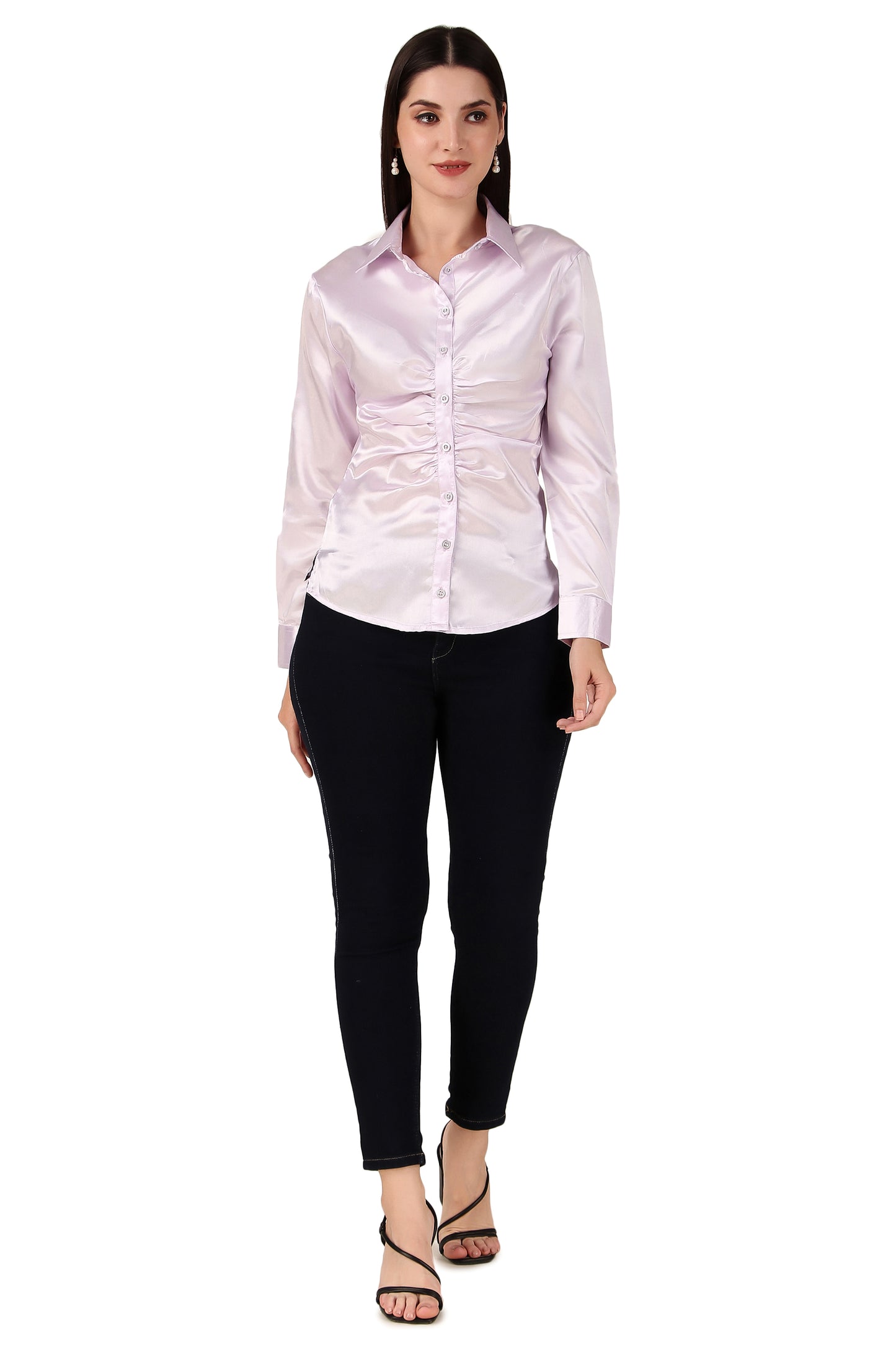 BoheeWohee Solid Women Casual Satin Gathered Shirt- Light Grey