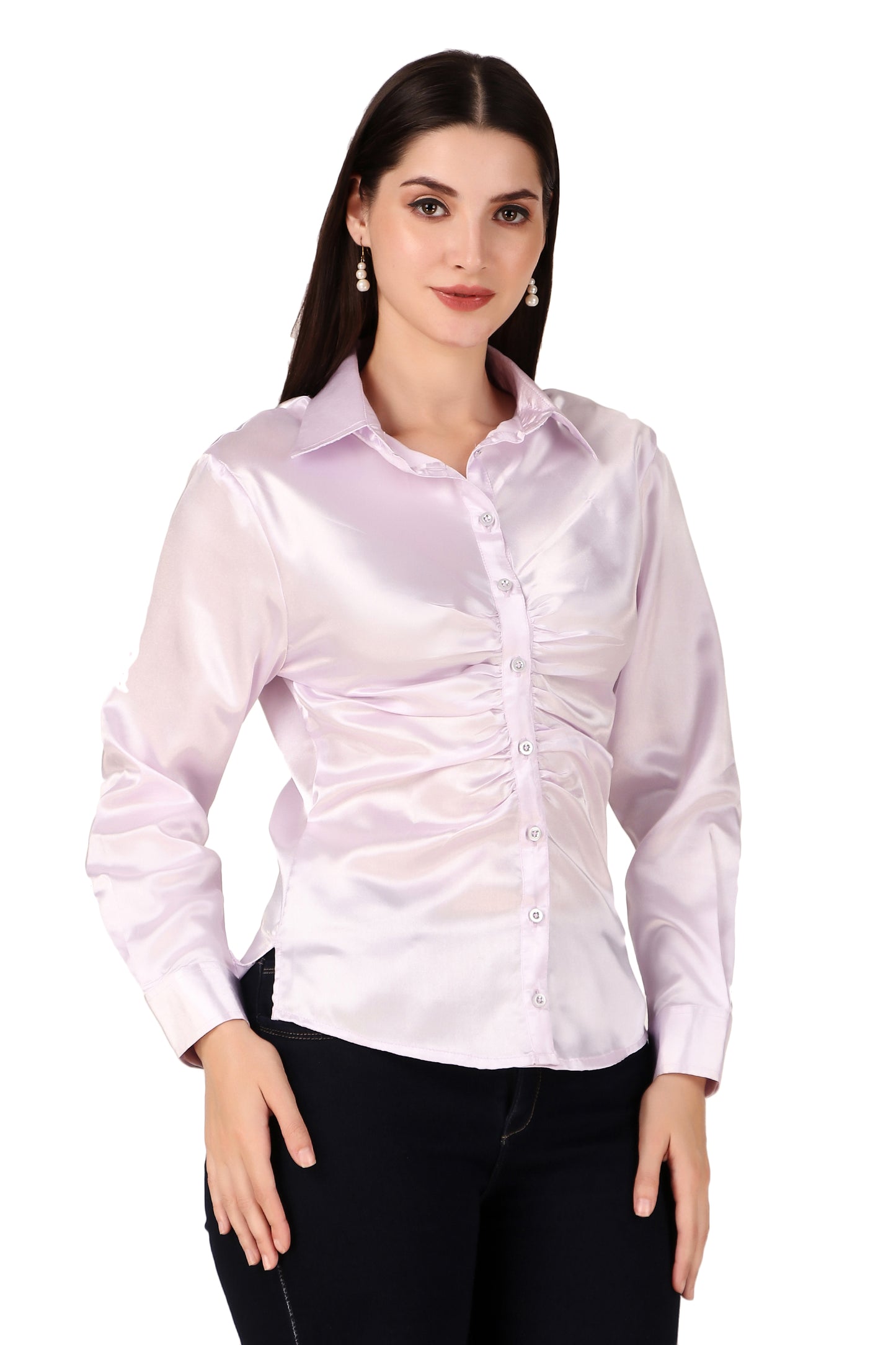 BoheeWohee Solid Women Casual Satin Gathered Shirt- Light Grey