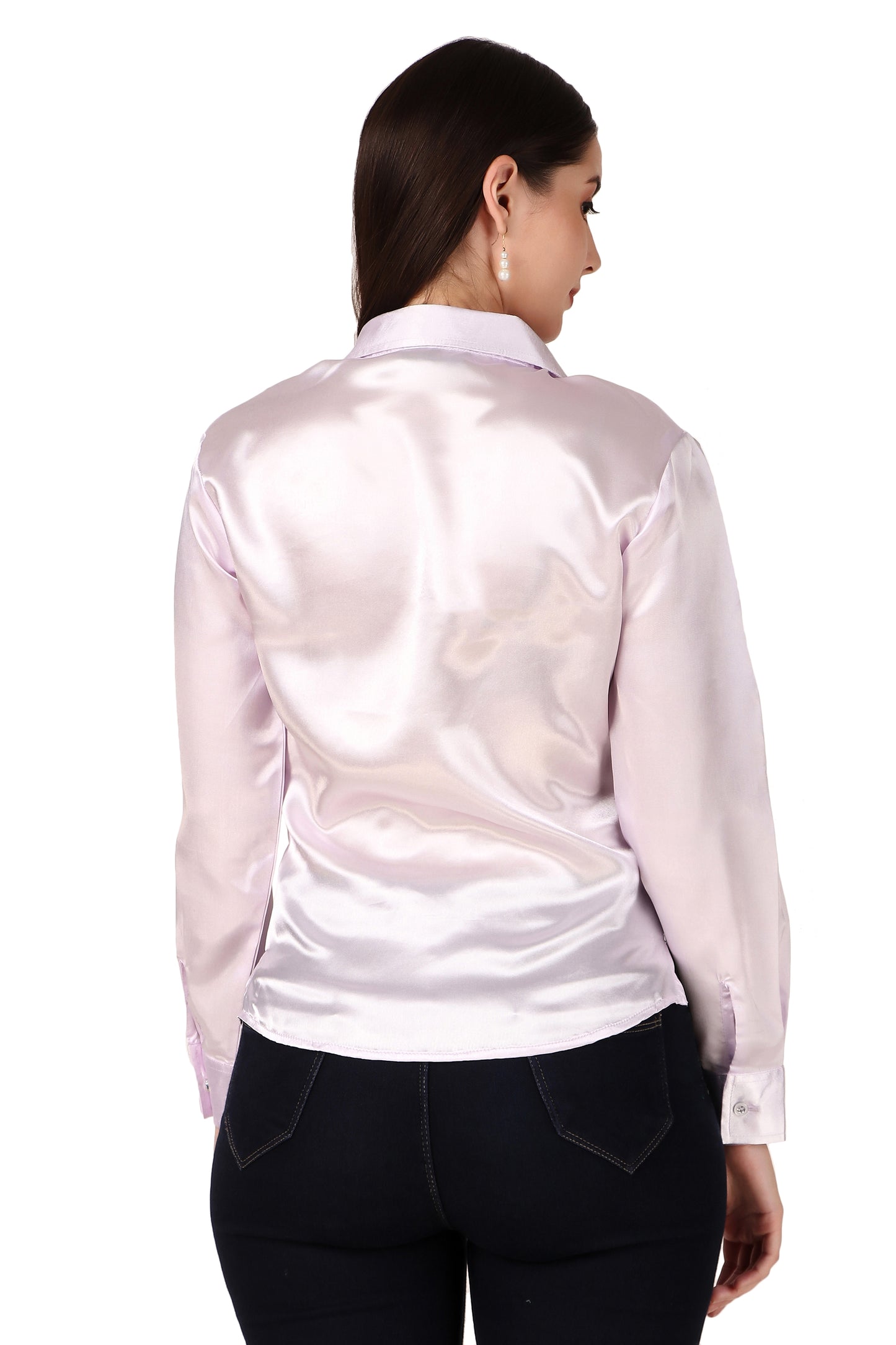 BoheeWohee Solid Women Casual Satin Gathered Shirt- Light Grey