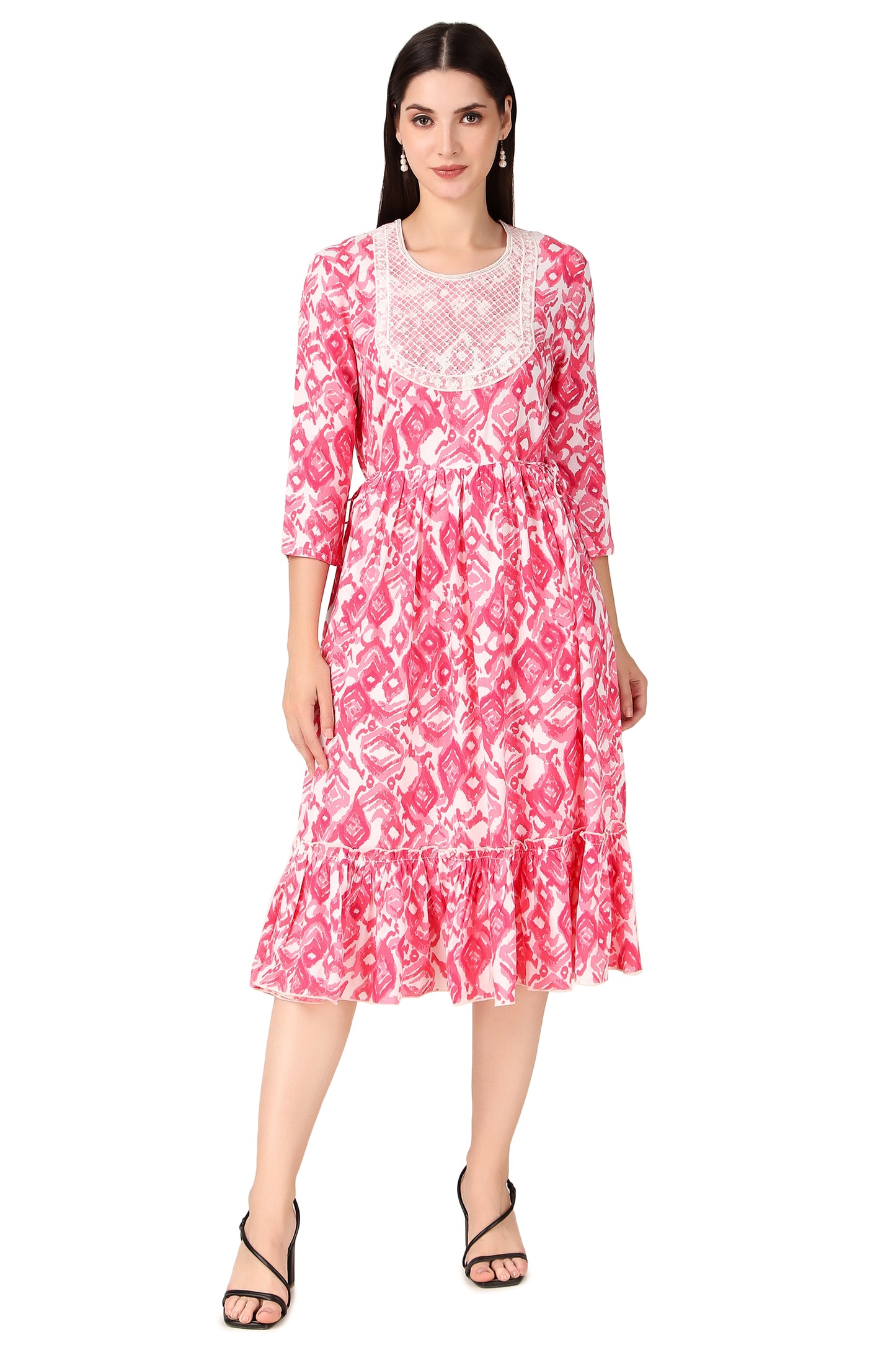 BoheeWohee Women A-Line Viscose Rayon Ethnic Midi Kurti Dress with Side Ties- Brink Pink