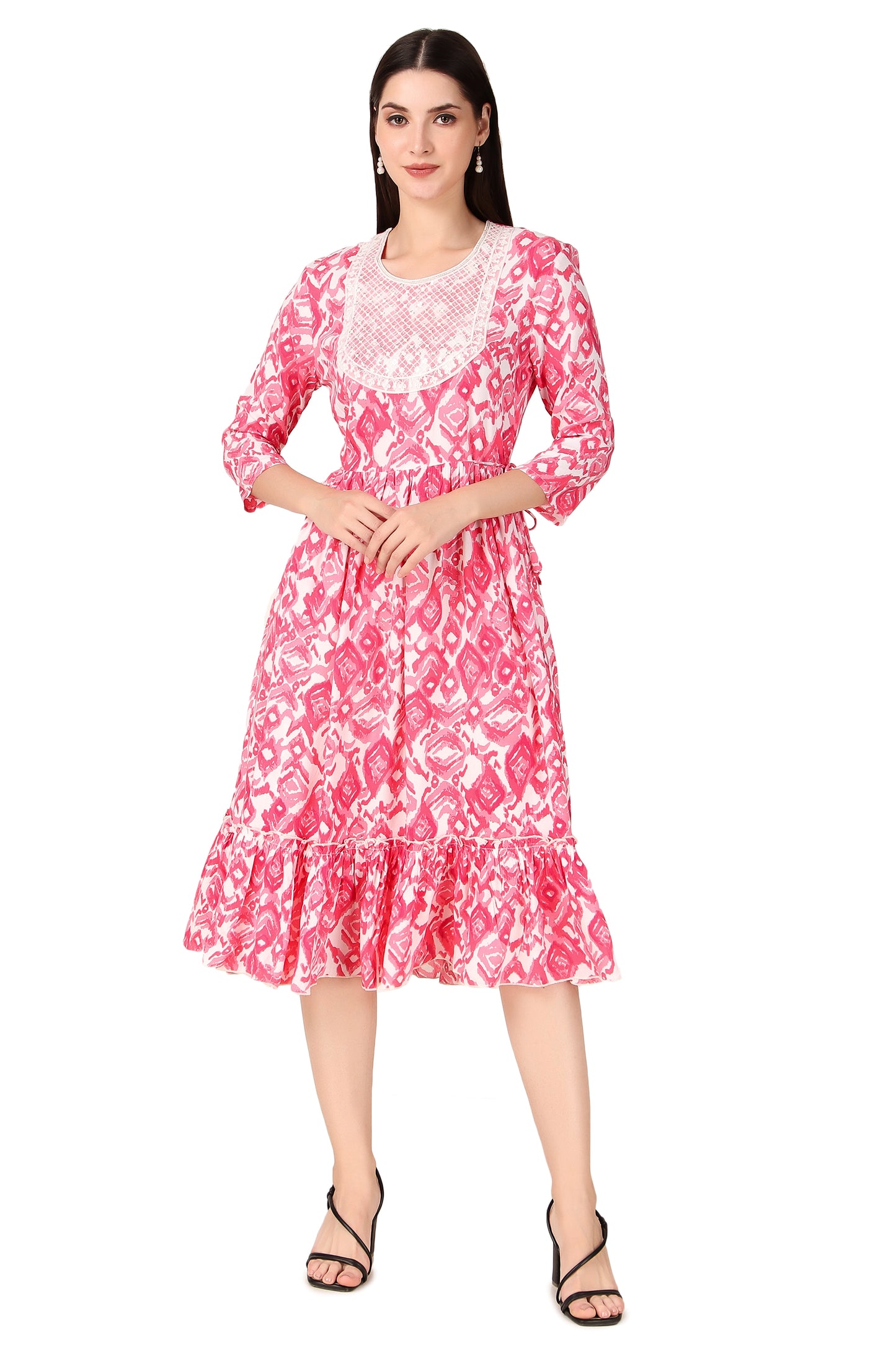 BoheeWohee Women A-Line Viscose Rayon Ethnic Midi Kurti Dress with Side Ties- Brink Pink