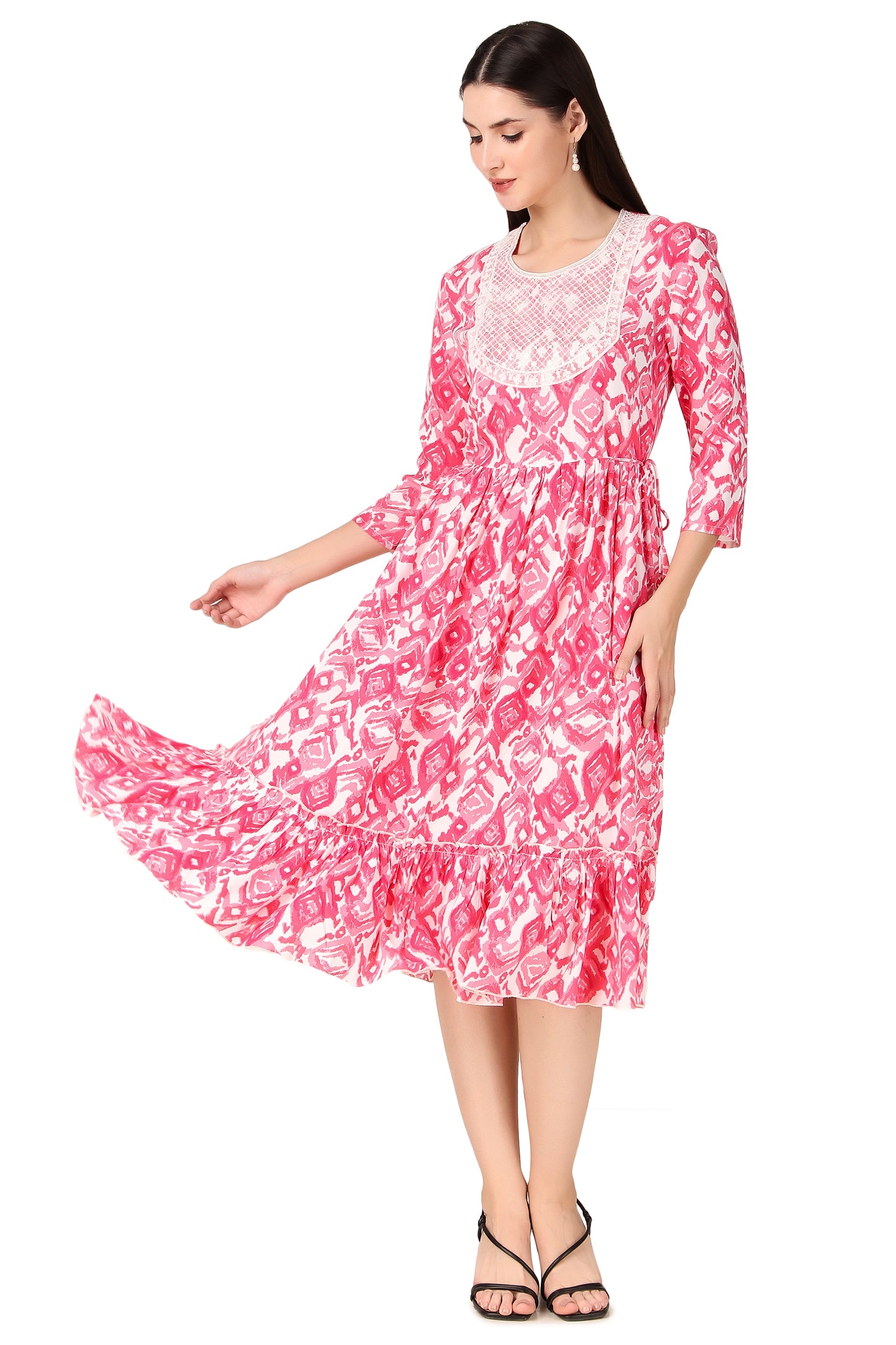 BoheeWohee Women A-Line Viscose Rayon Ethnic Midi Kurti Dress with Side Ties- Brink Pink