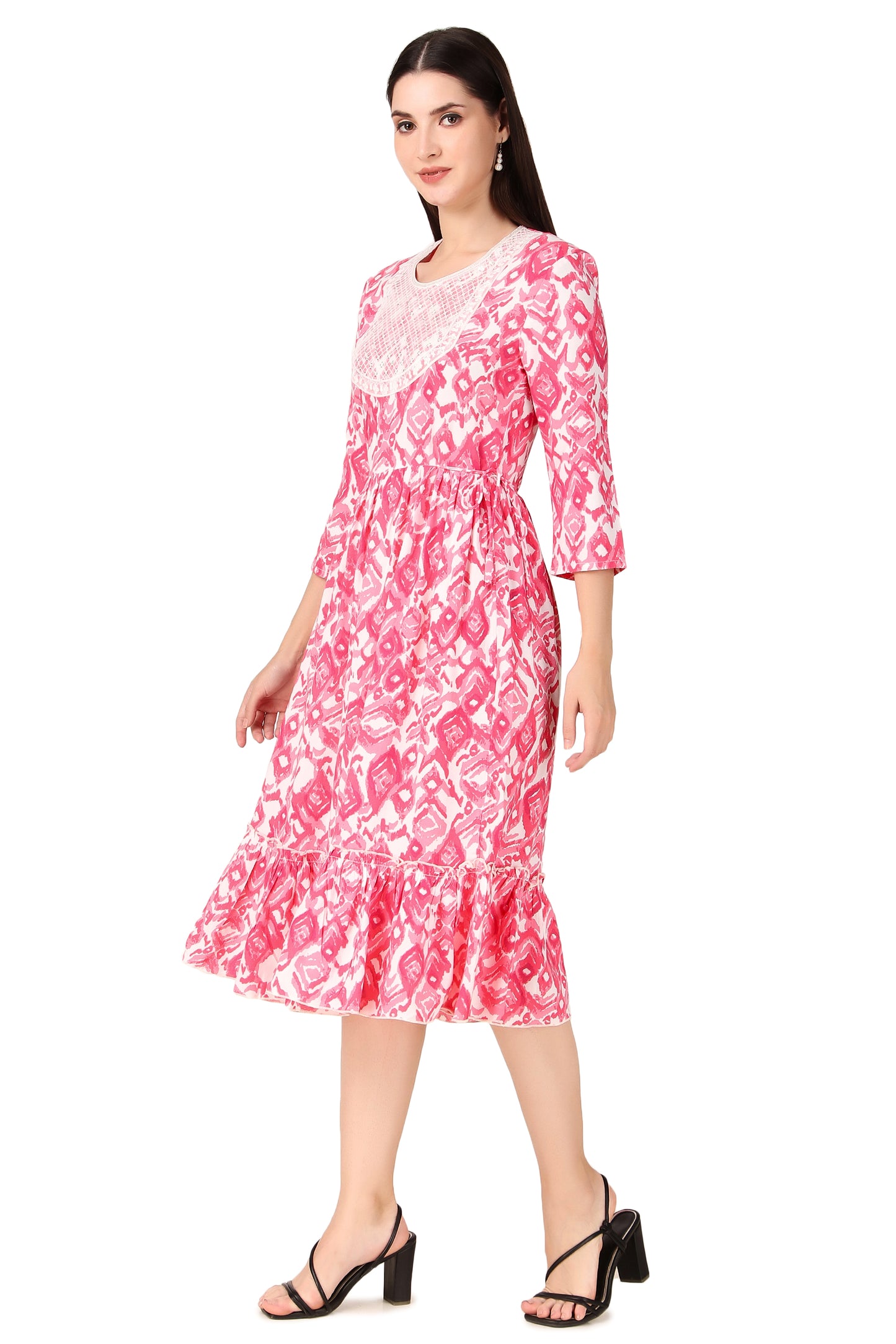 BoheeWohee Women A-Line Viscose Rayon Ethnic Midi Kurti Dress with Side Ties- Brink Pink