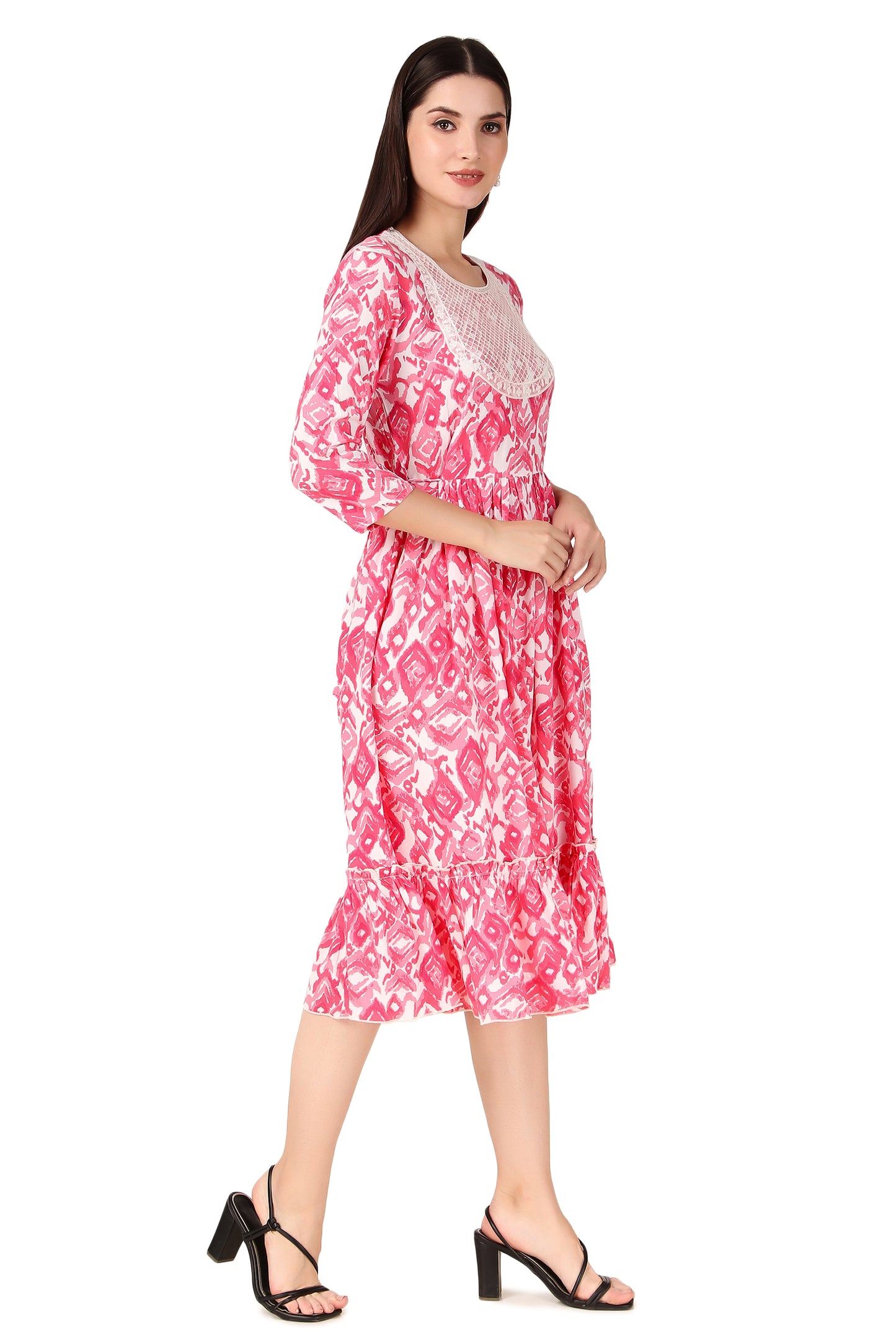 BoheeWohee Women A-Line Viscose Rayon Ethnic Midi Kurti Dress with Side Ties- Brink Pink