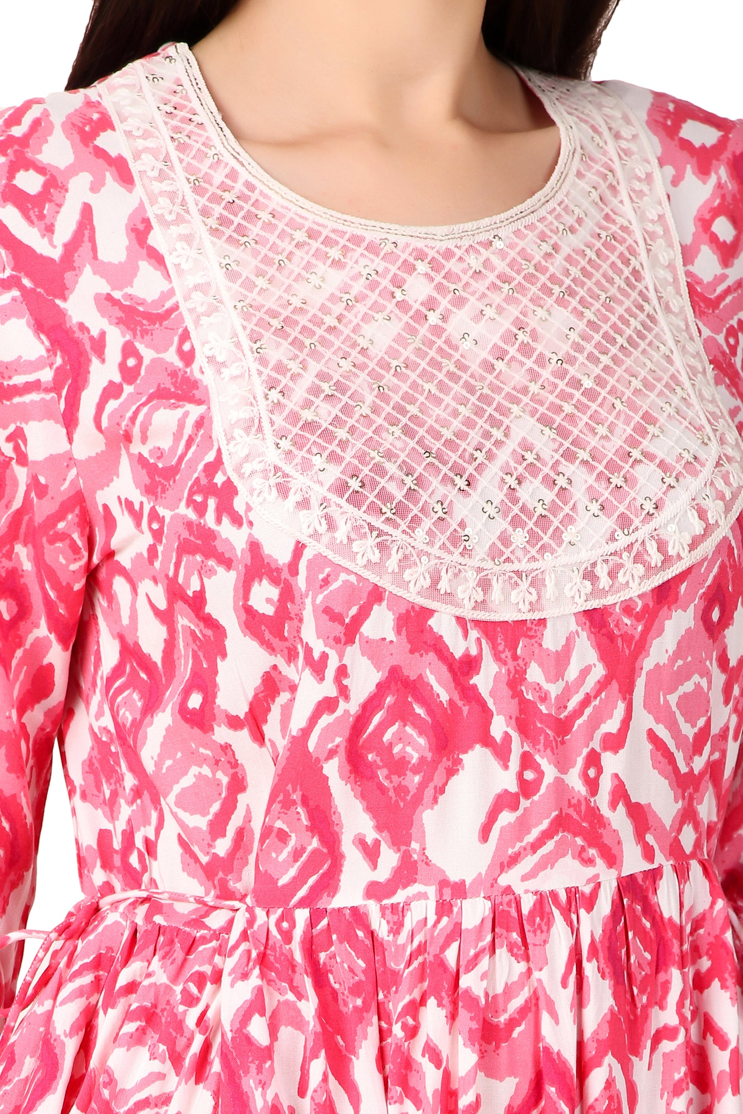 BoheeWohee Women A-Line Viscose Rayon Ethnic Midi Kurti Dress with Side Ties- Brink Pink