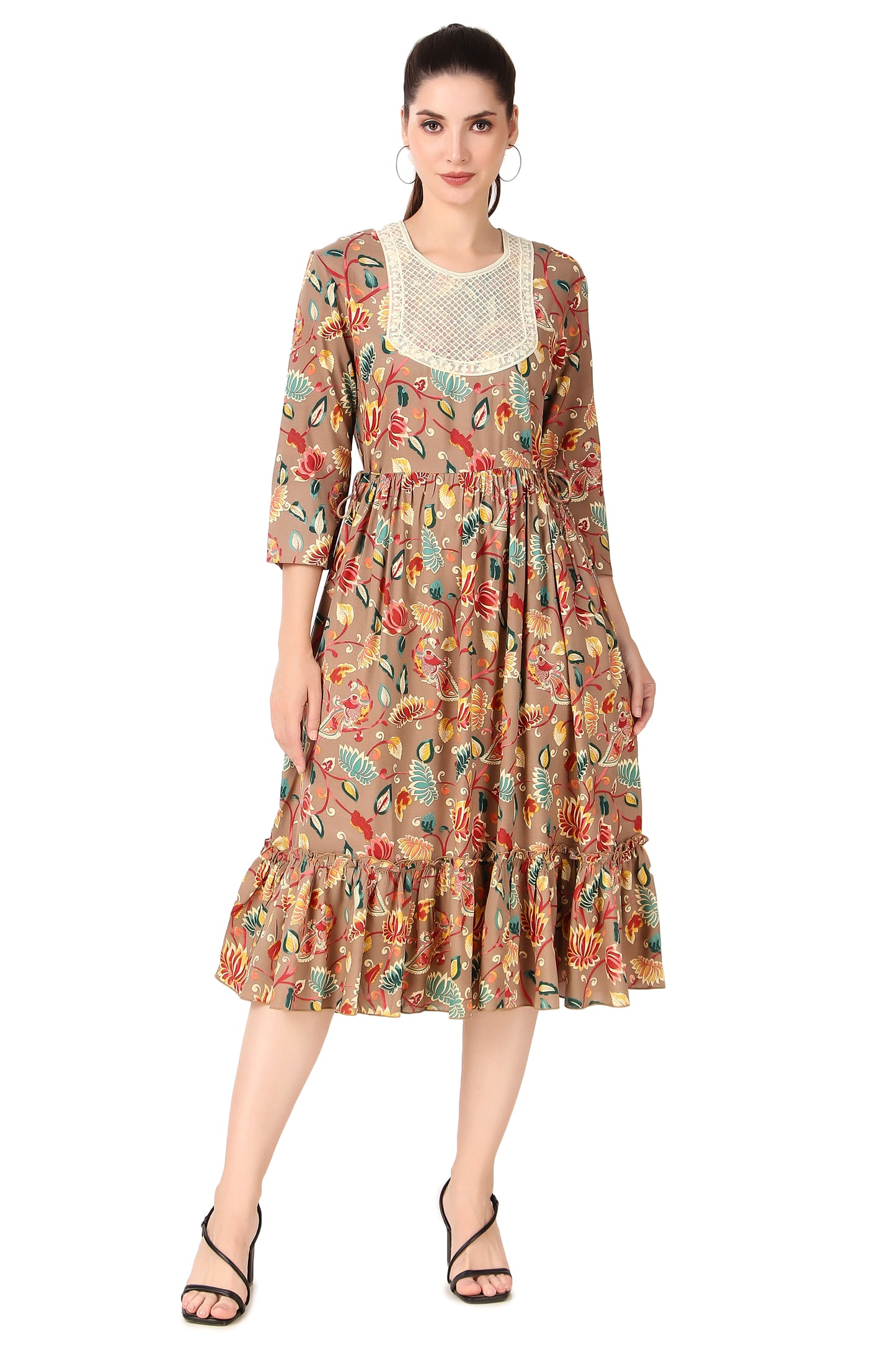 BoheeWohee Women A-Line Viscose Rayon Ethnic Midi Kurti Dress with Side Ties- Cameo