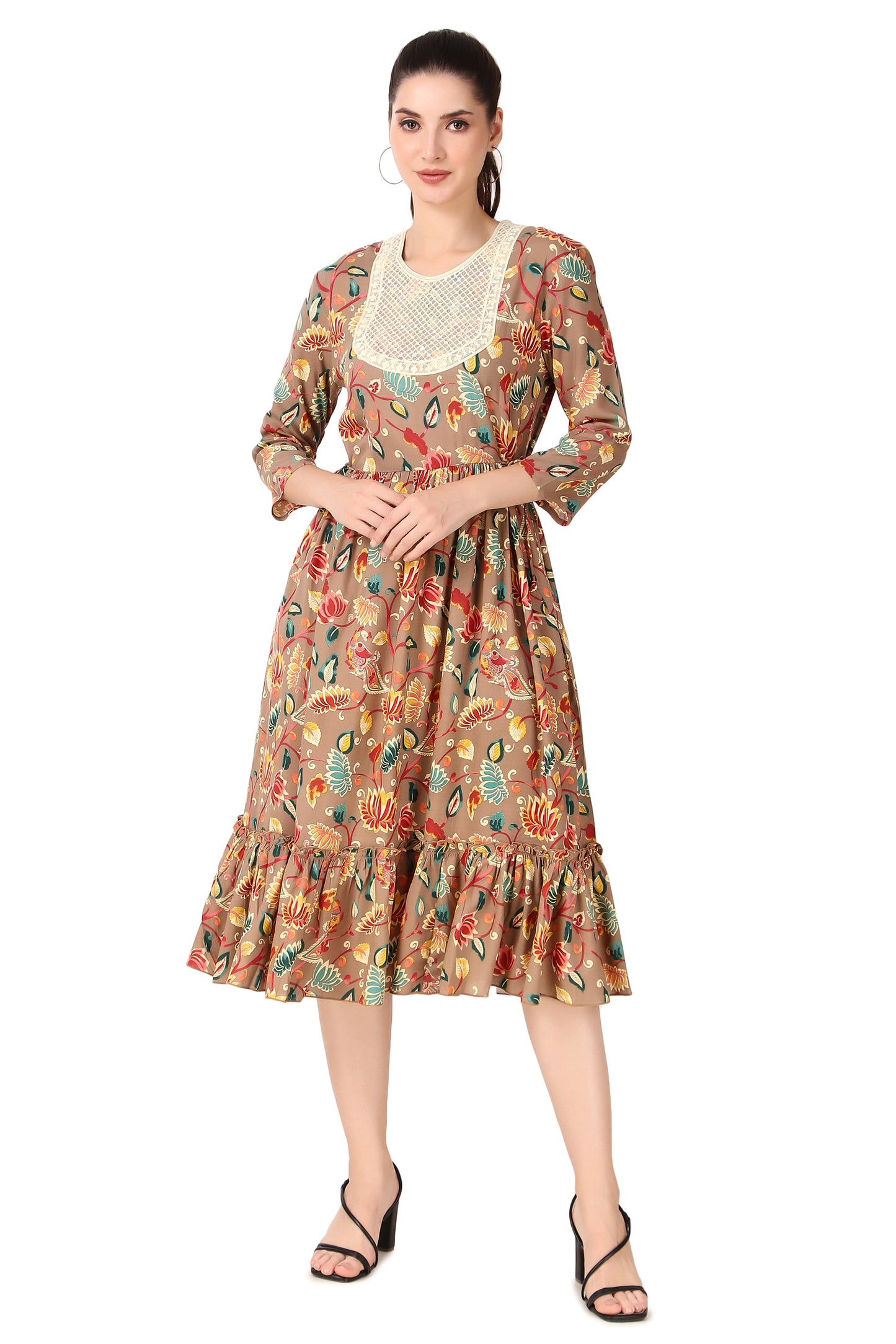 BoheeWohee Women A-Line Viscose Rayon Ethnic Midi Kurti Dress with Side Ties- Cameo