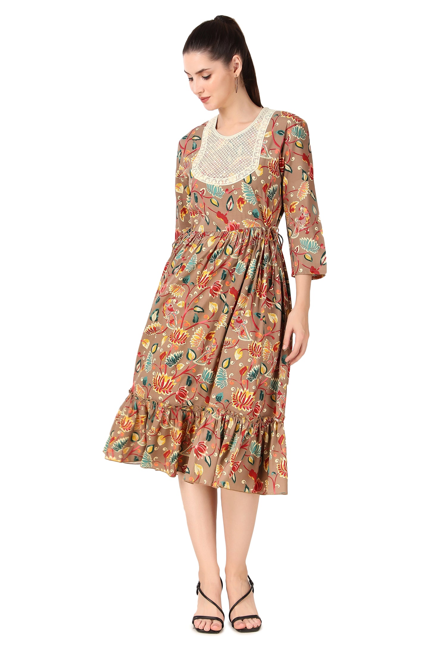 BoheeWohee Women A-Line Viscose Rayon Ethnic Midi Kurti Dress with Side Ties- Cameo