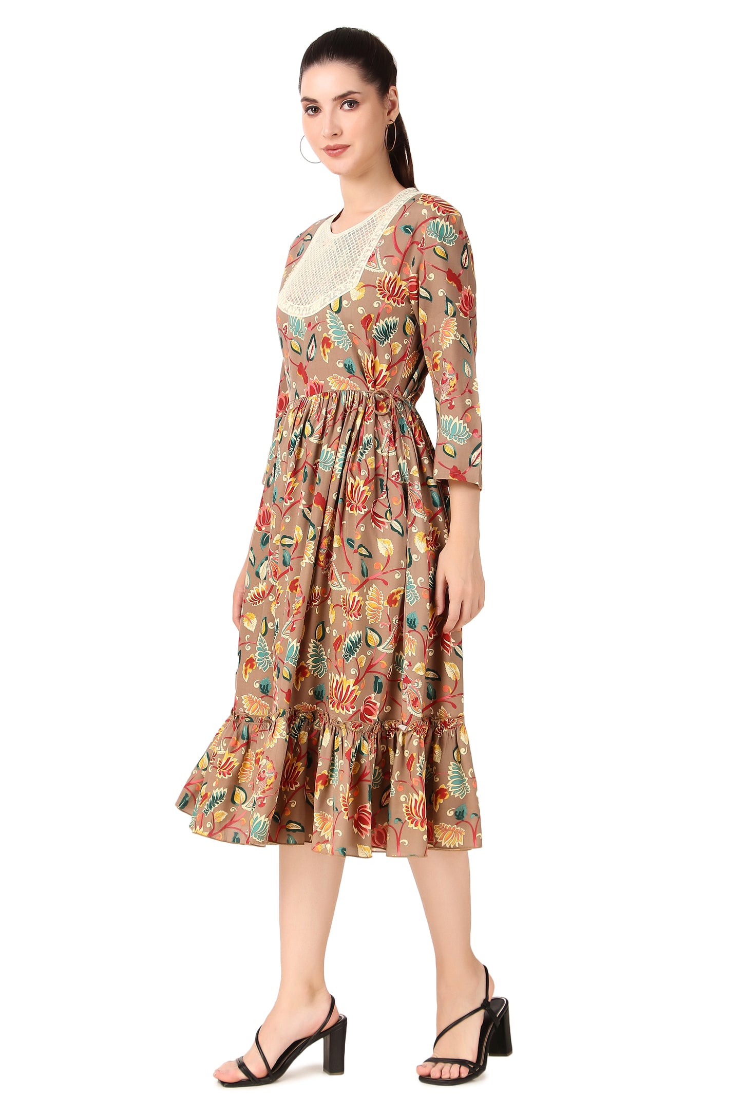 BoheeWohee Women A-Line Viscose Rayon Ethnic Midi Kurti Dress with Side Ties- Cameo