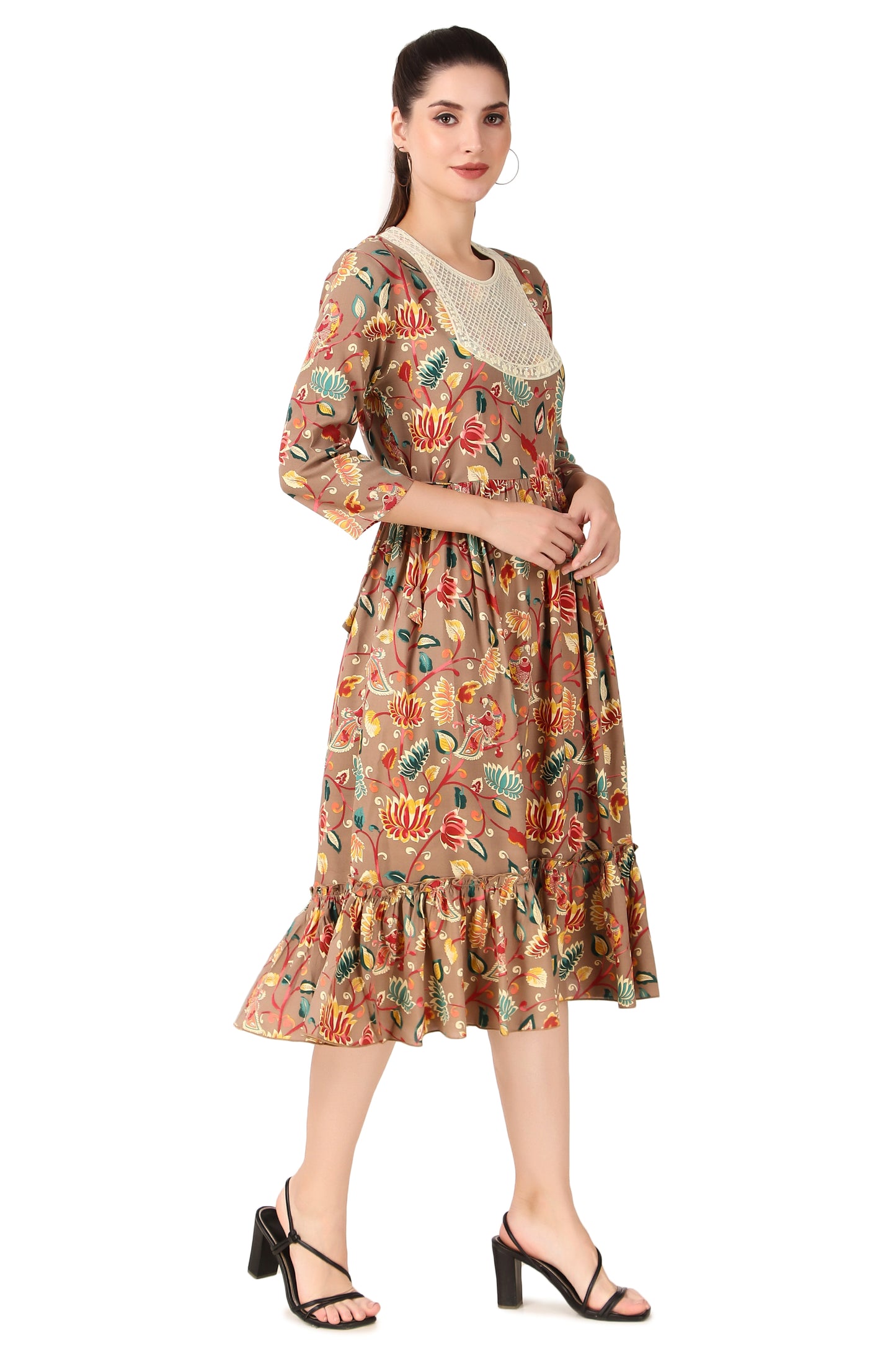 BoheeWohee Women A-Line Viscose Rayon Ethnic Midi Kurti Dress with Side Ties- Cameo