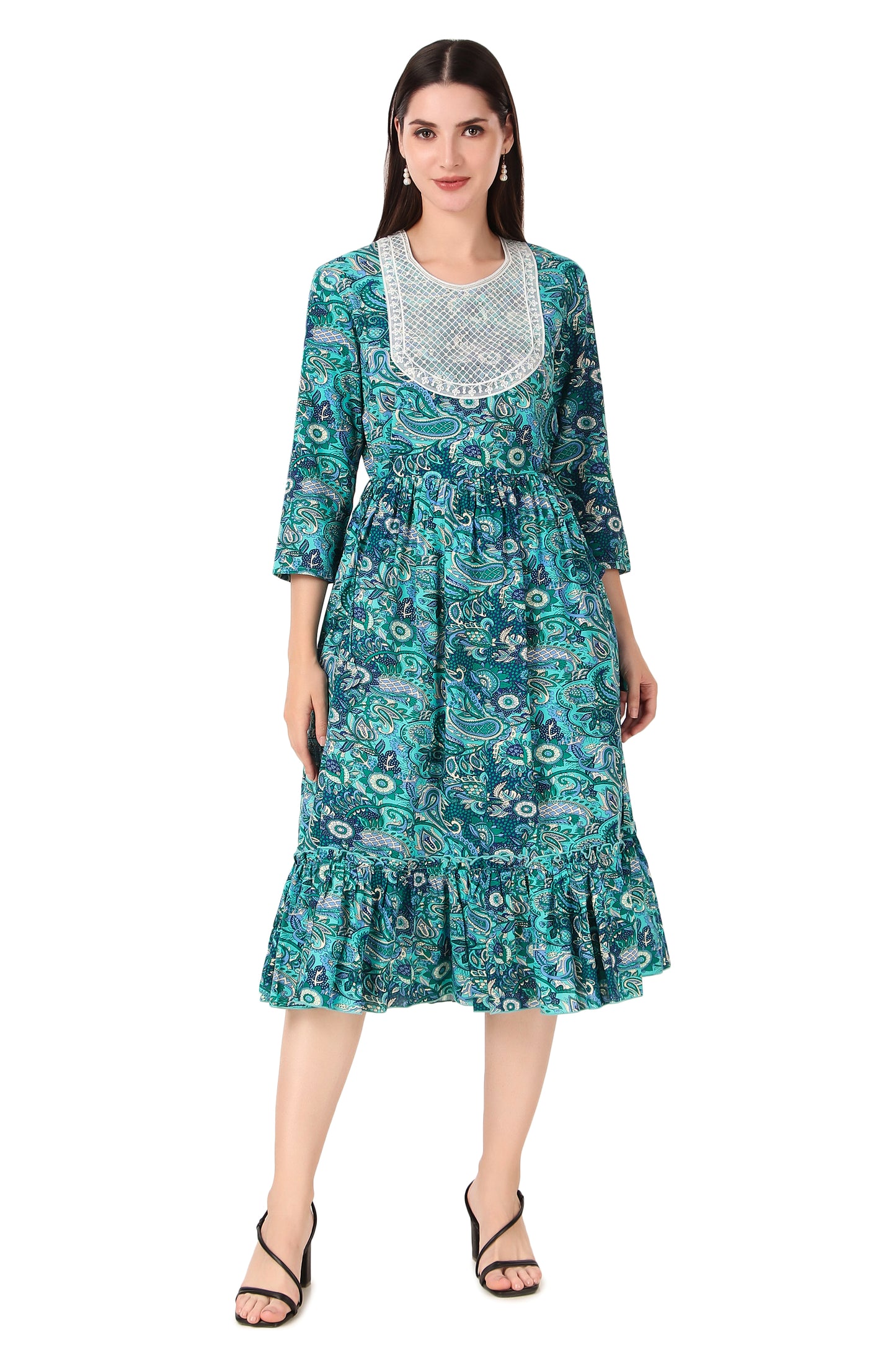 BoheeWohee Women A-Line Viscose Rayon Ethnic Midi Kurti Dress with Side Ties- Deep Sea Green