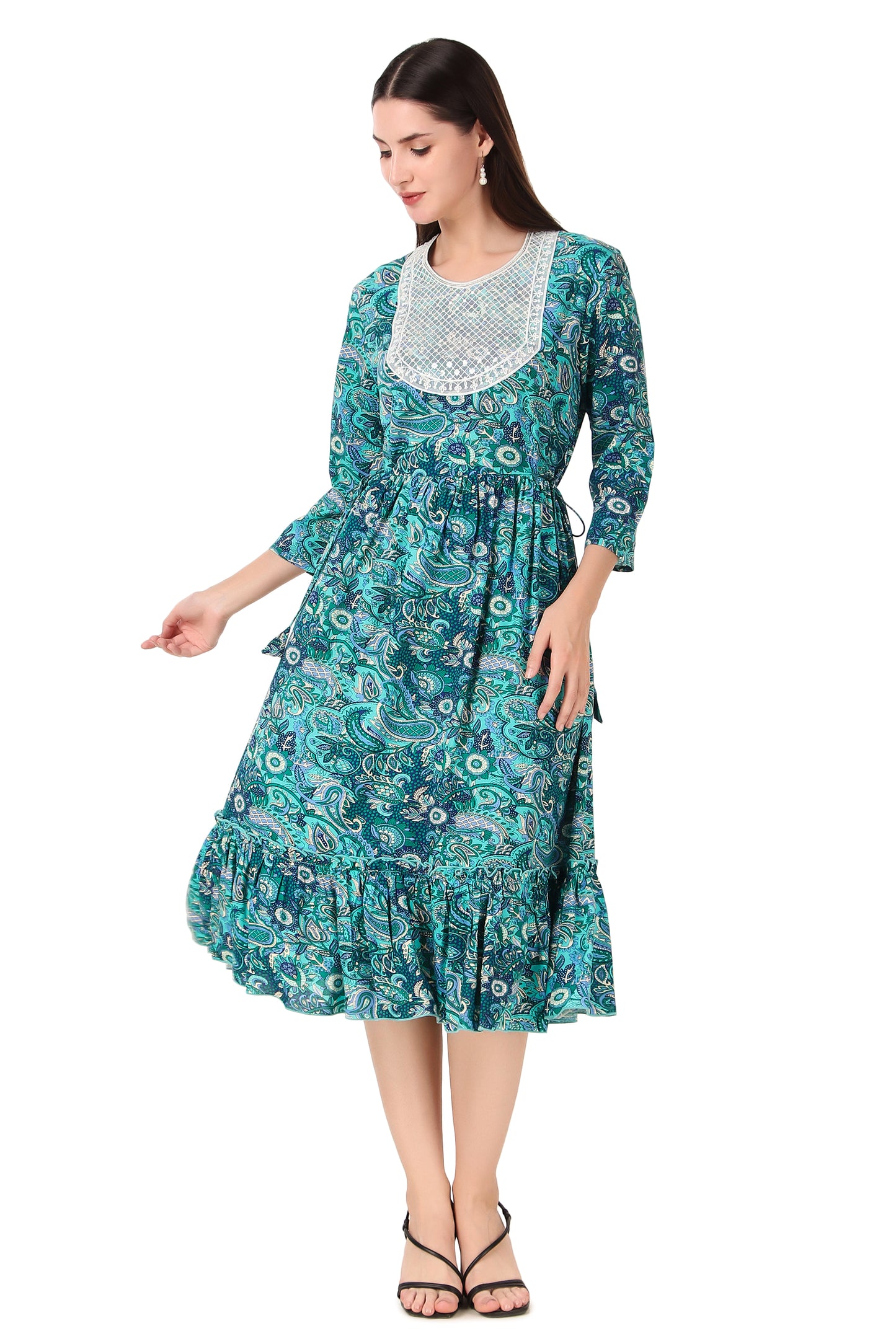 BoheeWohee Women A-Line Viscose Rayon Ethnic Midi Kurti Dress with Side Ties- Deep Sea Green