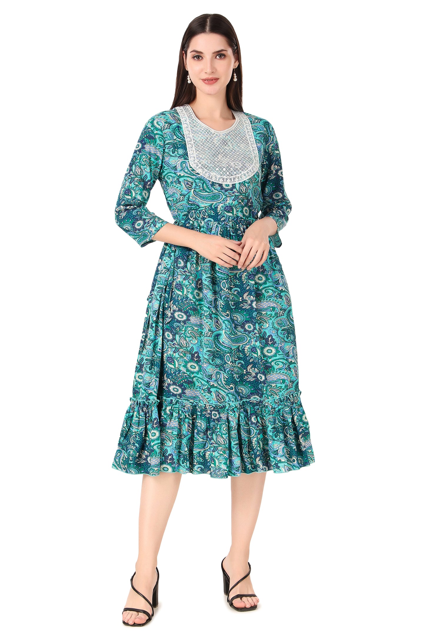 BoheeWohee Women A-Line Viscose Rayon Ethnic Midi Kurti Dress with Side Ties- Deep Sea Green