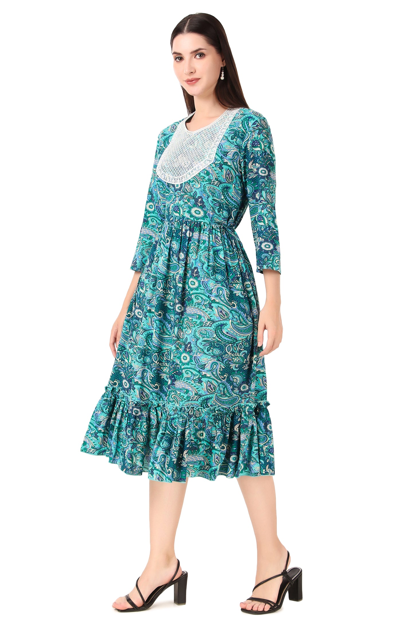 BoheeWohee Women A-Line Viscose Rayon Ethnic Midi Kurti Dress with Side Ties- Deep Sea Green