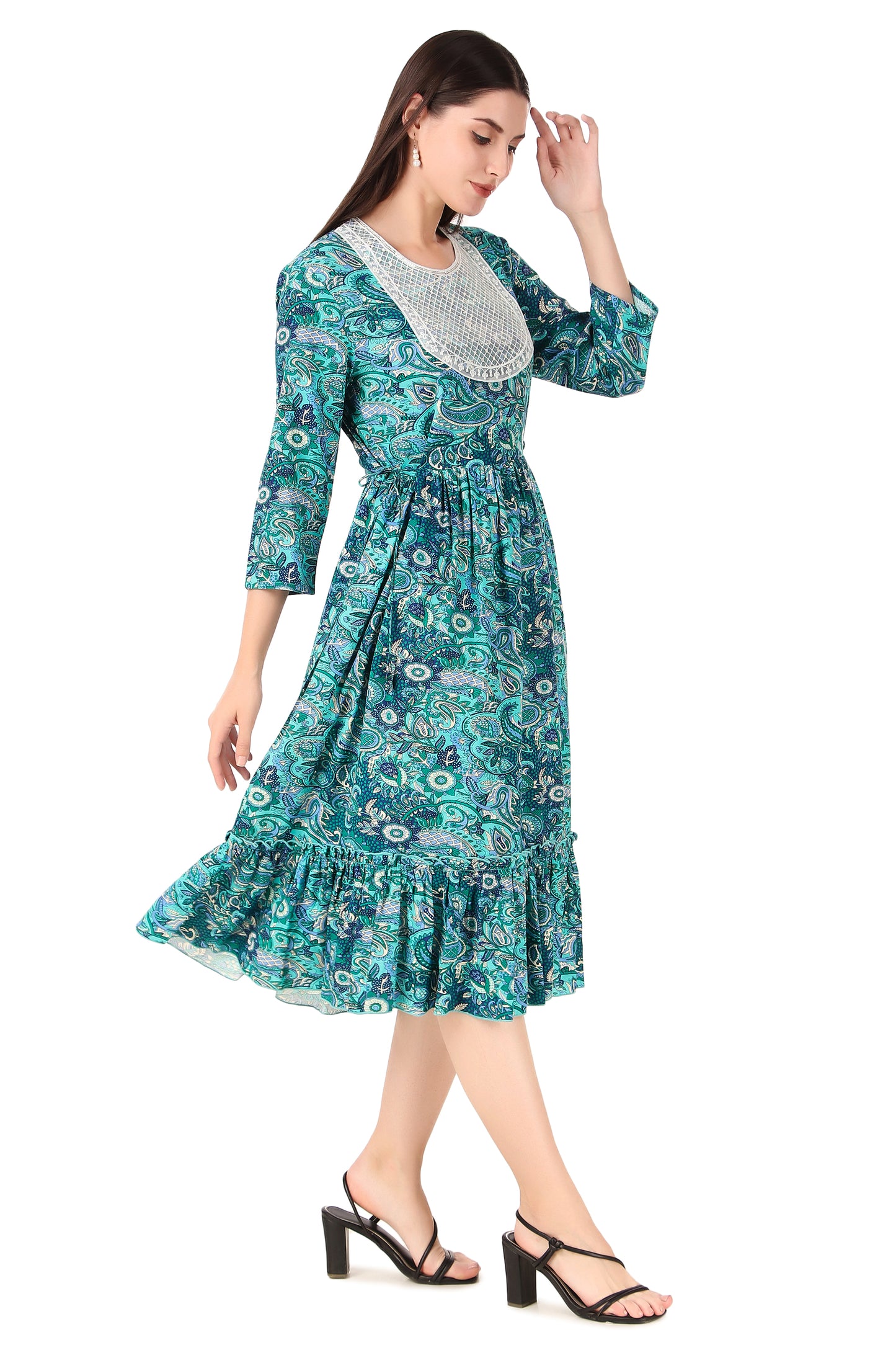BoheeWohee Women A-Line Viscose Rayon Ethnic Midi Kurti Dress with Side Ties- Deep Sea Green