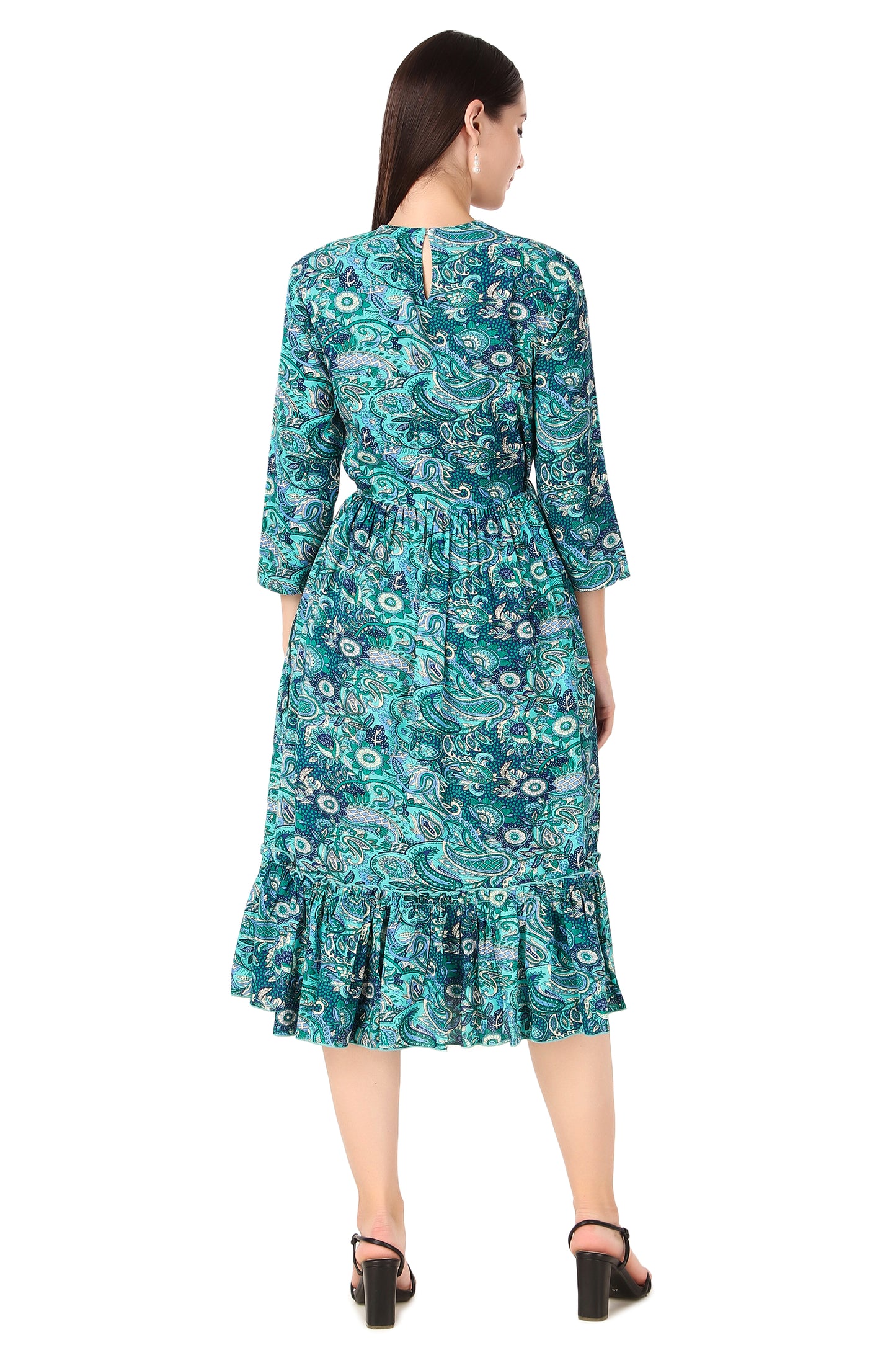 BoheeWohee Women A-Line Viscose Rayon Ethnic Midi Kurti Dress with Side Ties- Deep Sea Green